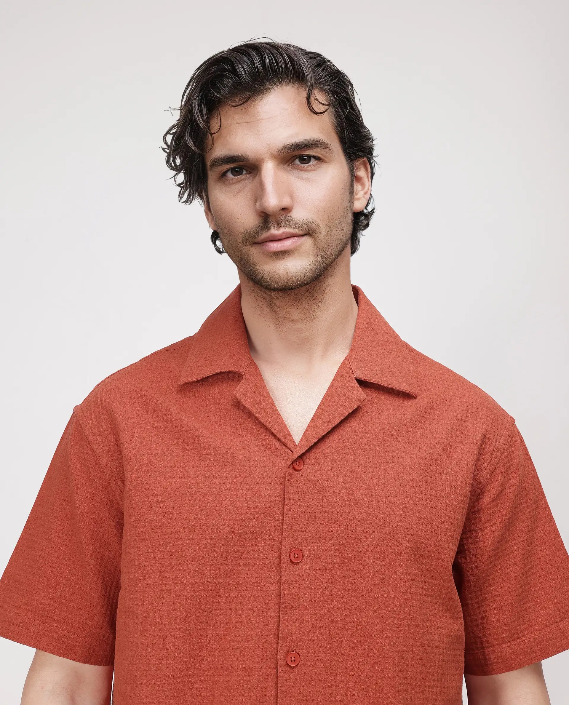 Rare Rabbit Men's Rics Rust Cotton Fabric Short Sleeve Cuban Collar Button Closure Textured Shirt