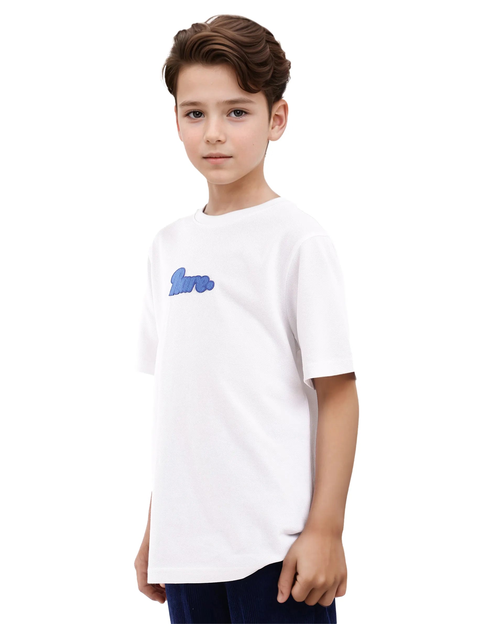 Rare Ones Kids Ride White Cotton Half Sleeves Crew Neck Oversized Fit Towel Embroidery T-Shirt