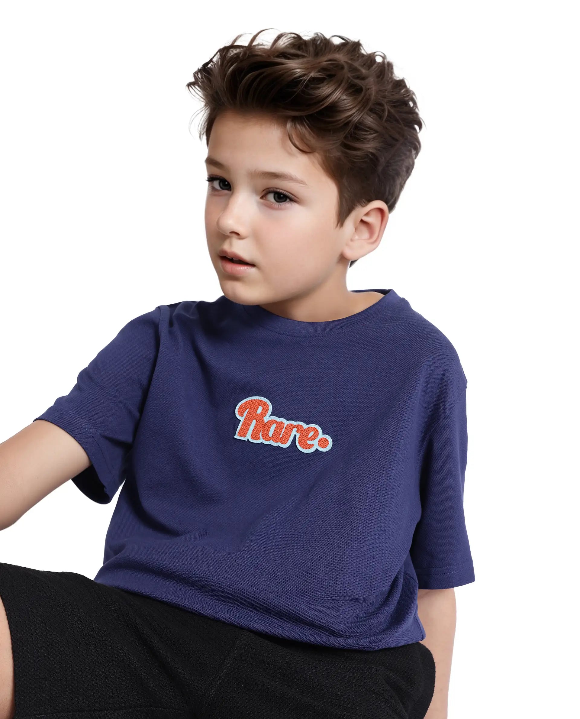 Rare Ones Kids Ride Navy Cotton Half Sleeves Crew Neck Embroidered T-Shirt
