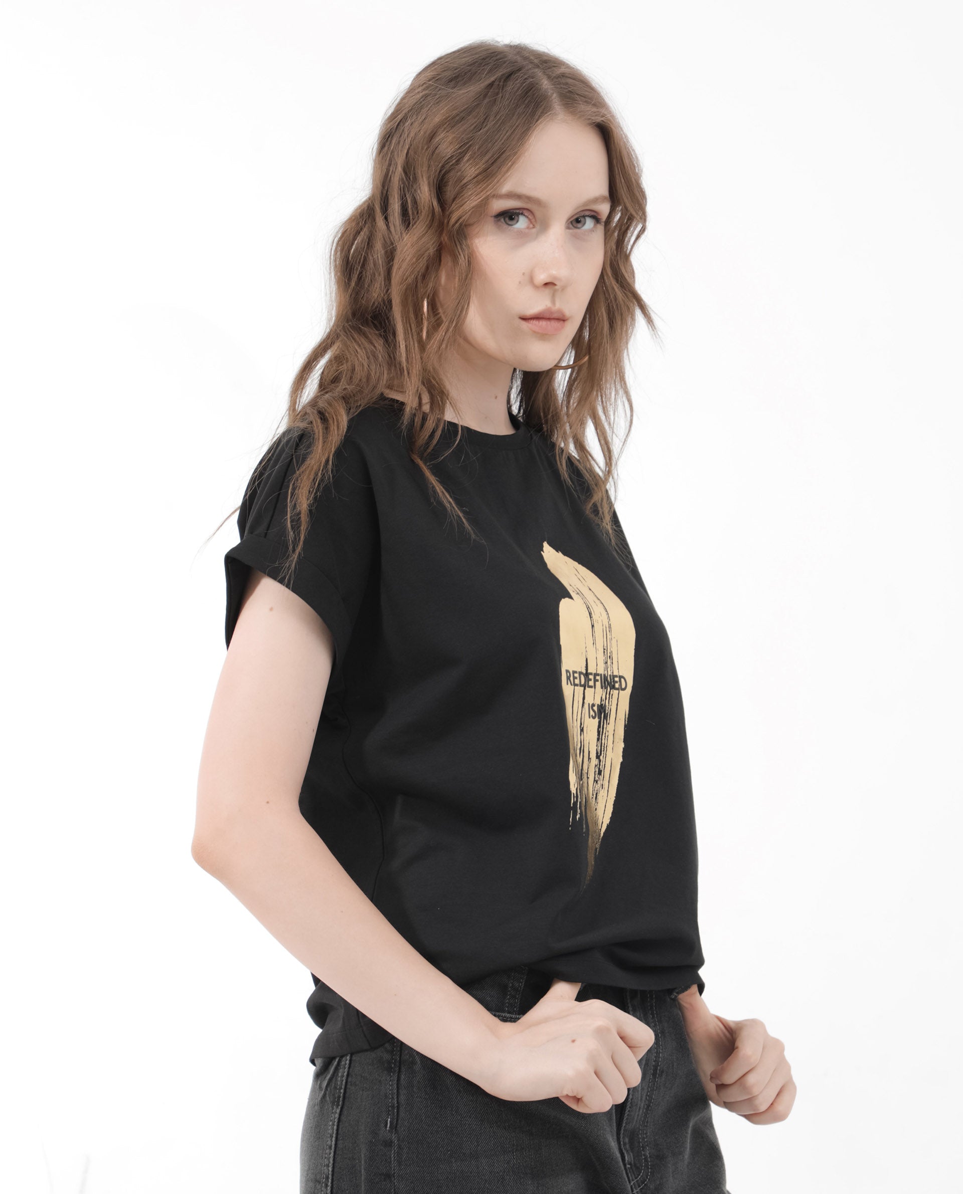 Rareism Women Trident Black Cotton Elastane Fabric Crew Neck Knit Solid T-Shirt