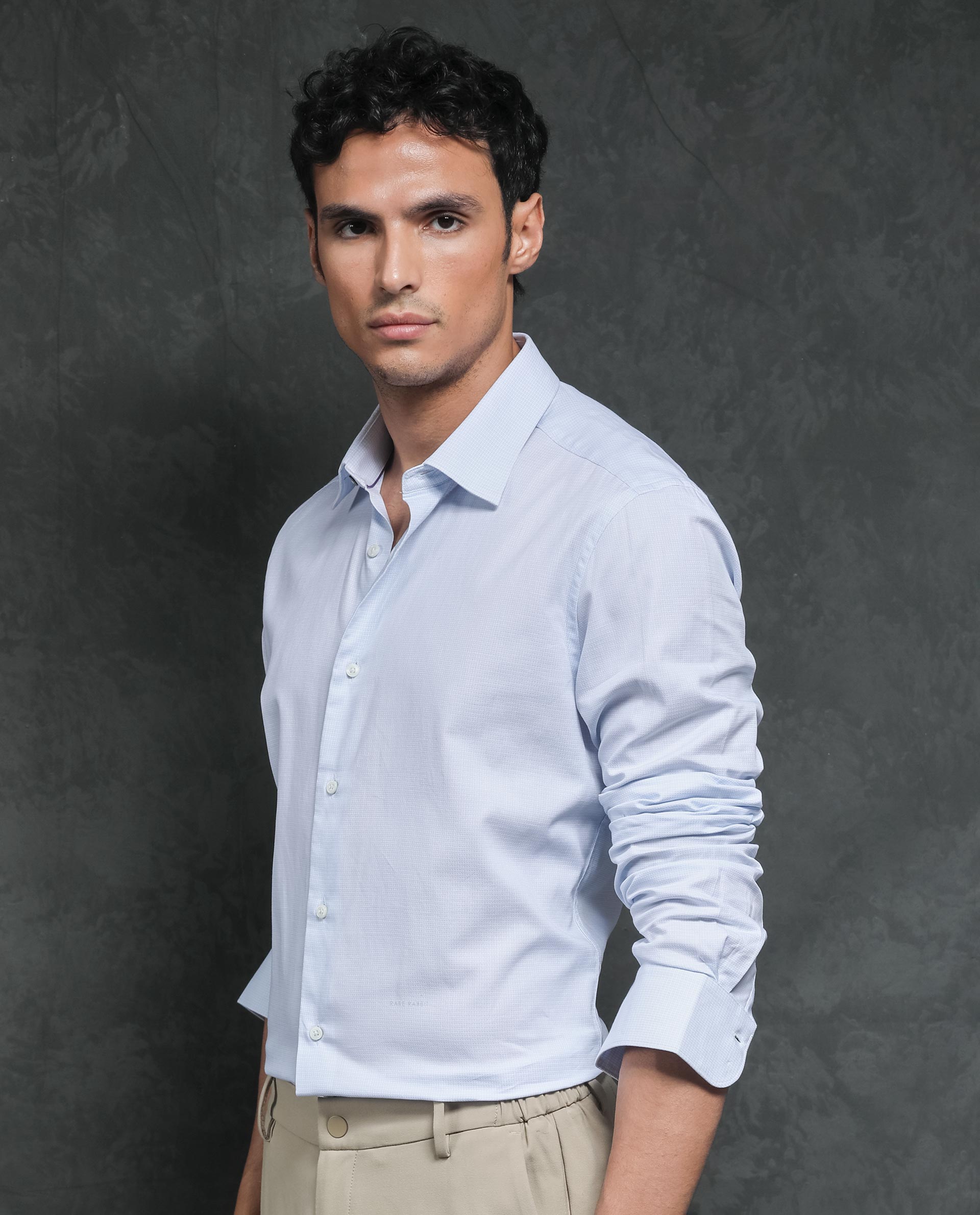 Rare Rabbit Men's Ridge Light Blue Cotton Fabric Full Sleeves Micro Checks Shirt