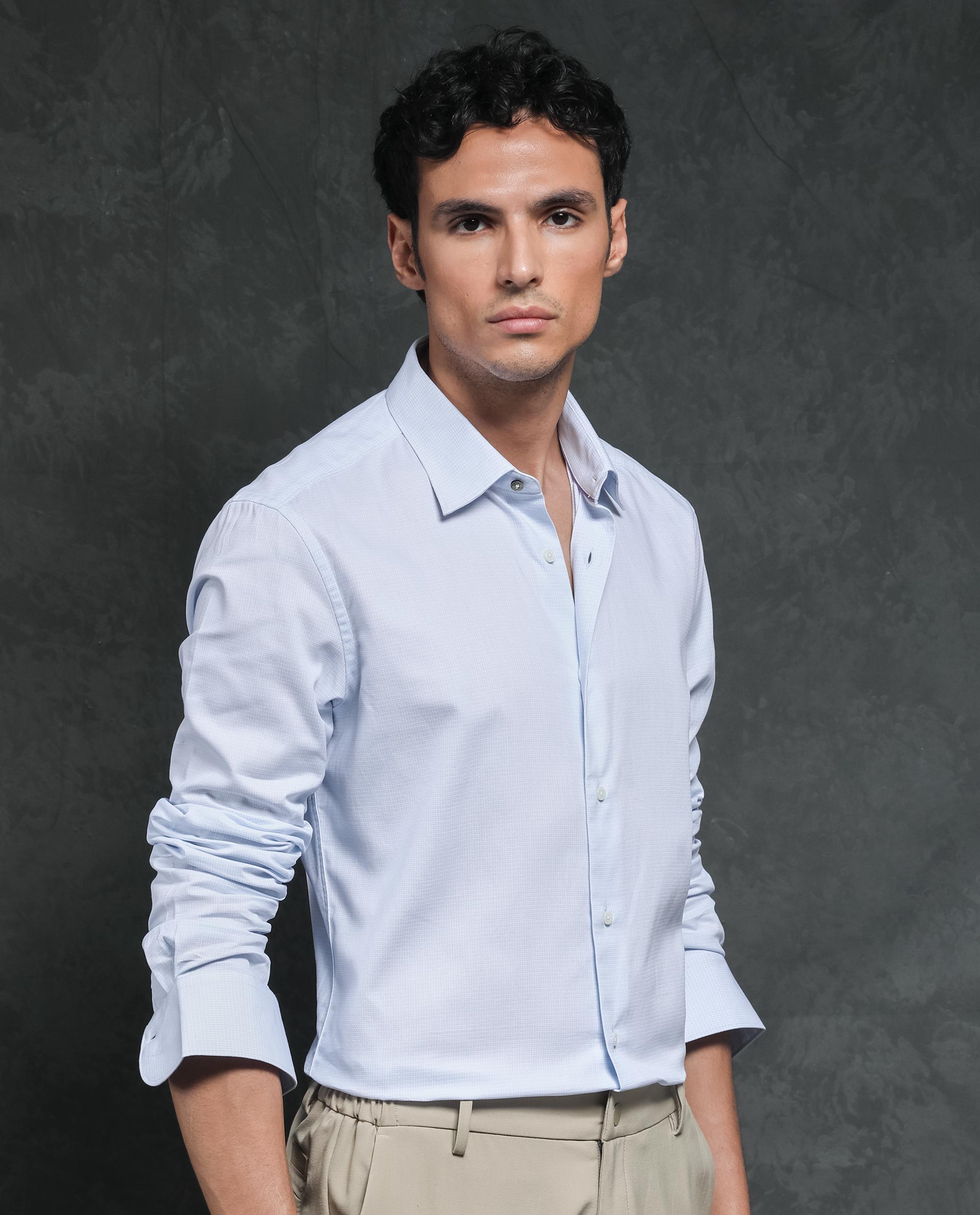 Rare Rabbit Men's Ridge Light Blue Cotton Fabric Full Sleeves Micro Checks Shirt