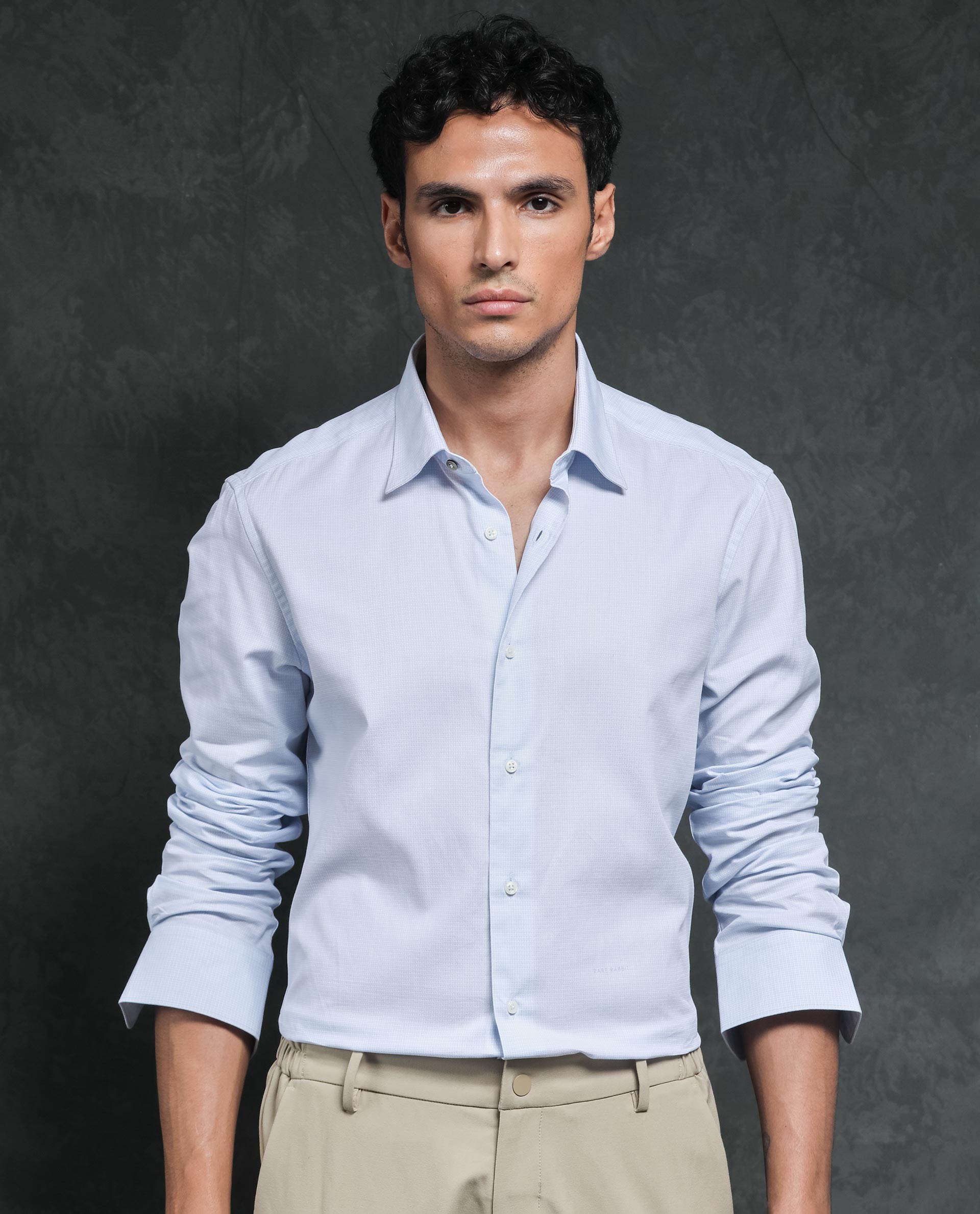 Rare Rabbit Men's Ridge Light Blue Cotton Fabric Full Sleeves Micro Checks Shirt