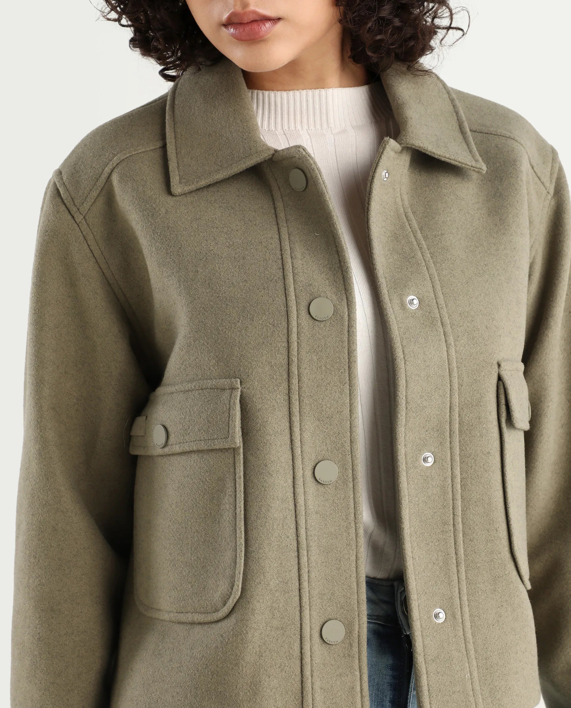 Rareism Women's Riffin Dusky Green Drop Collar Plain Cuffed Sleeve Regular Fit Jacket