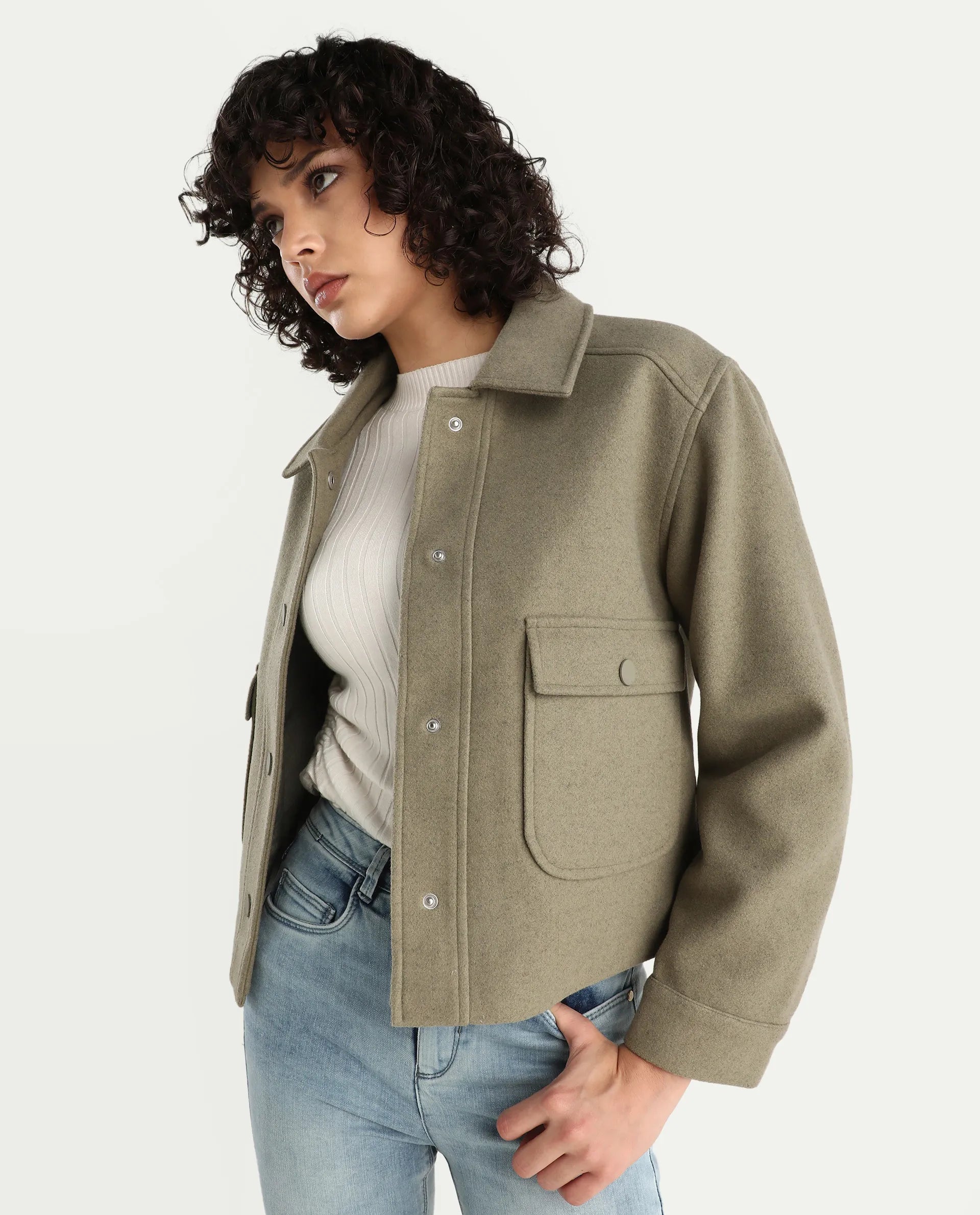 Rareism Women's Riffin Dusky Green Drop Collar Plain Cuffed Sleeve Regular Fit Jacket