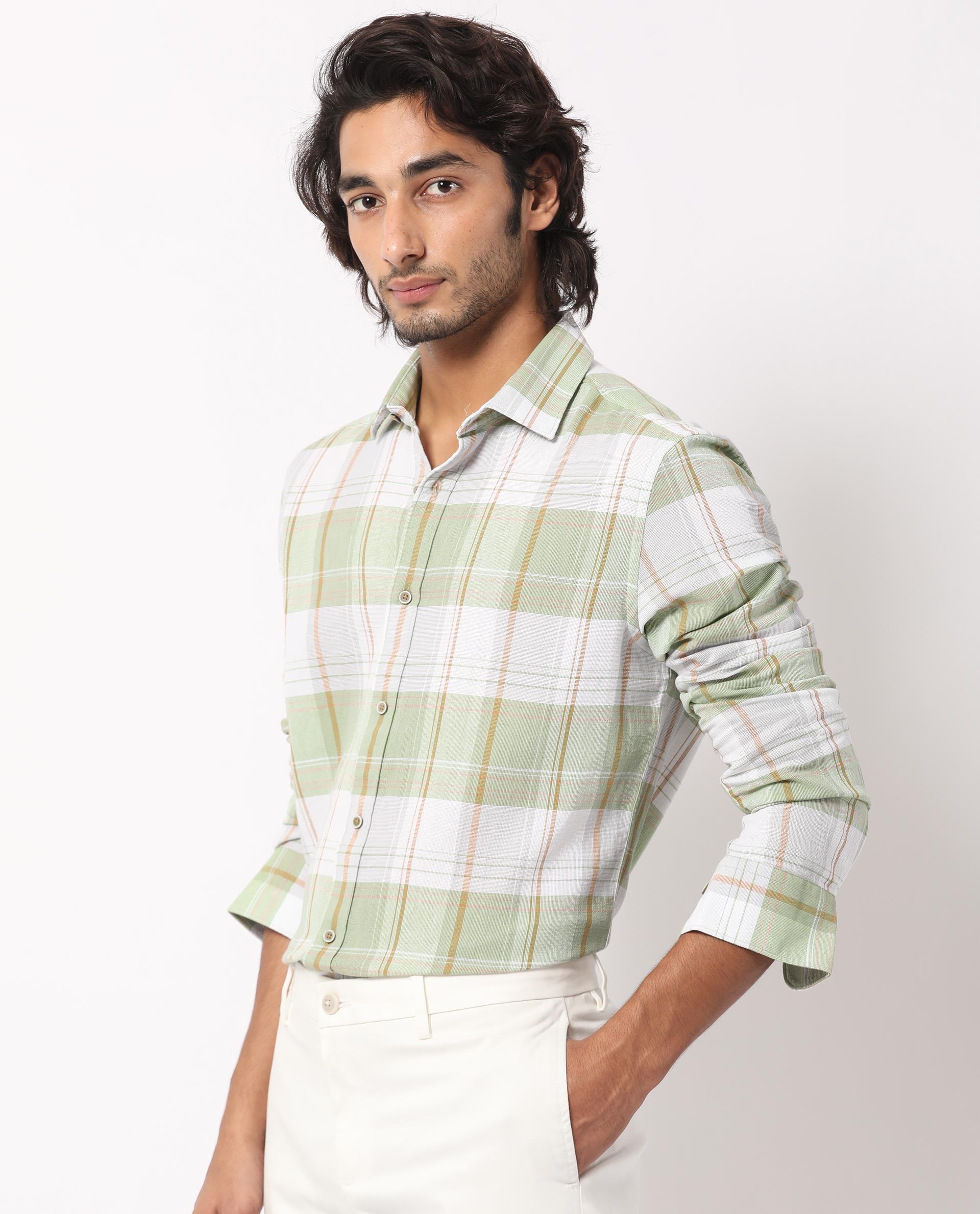 Rare Rabbit Men's Riga Green Cotton Fabric Full Sleeves Checks Shirt