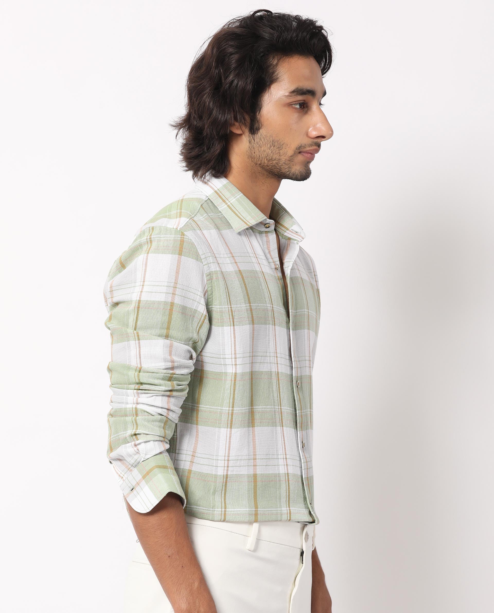 Rare Rabbit Men's Riga Green Cotton Fabric Full Sleeves Checks Shirt