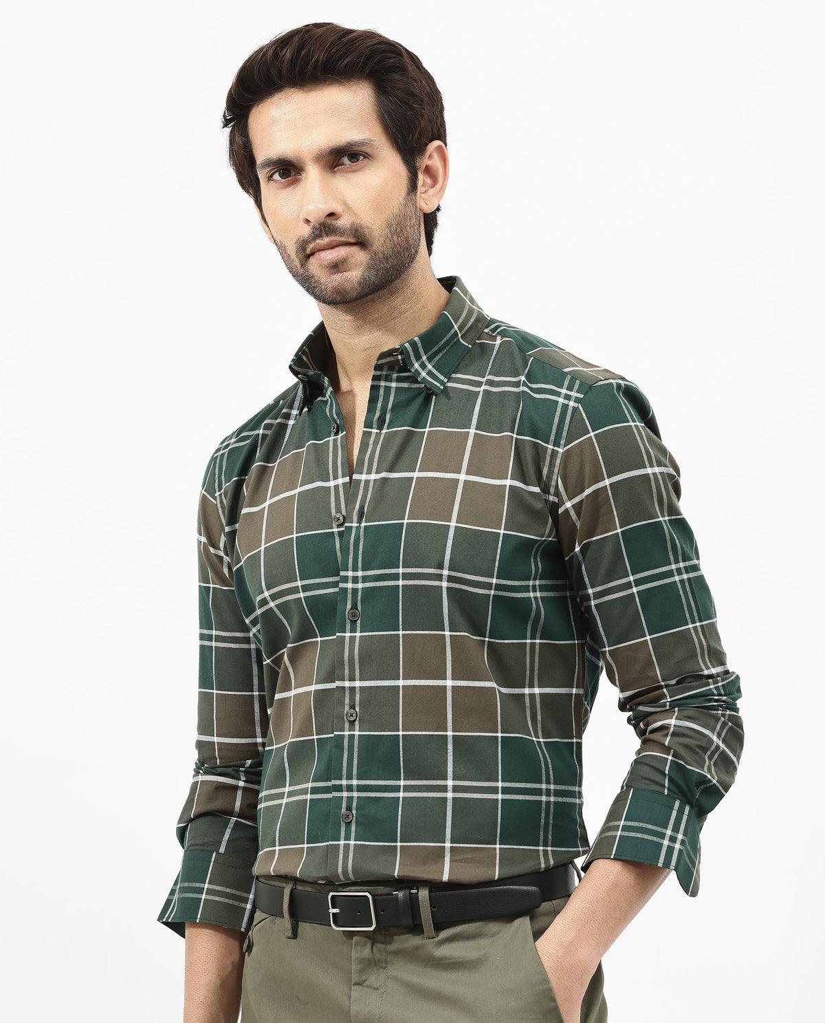 Rare Rabbit Mens Rigan Green Cotton Fabric Full Sleeve Regular Fit Checks Shirt