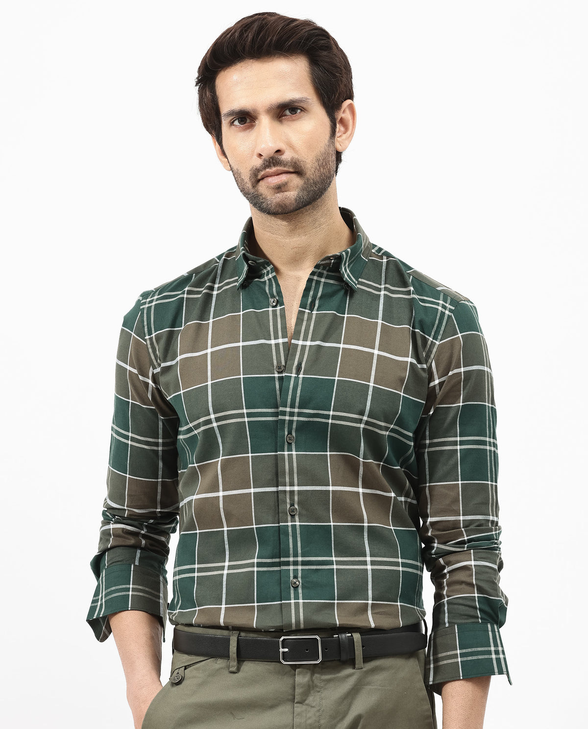 Rare Rabbit Mens Rigan Green Cotton Fabric Full Sleeve Regular Fit Checks Shirt