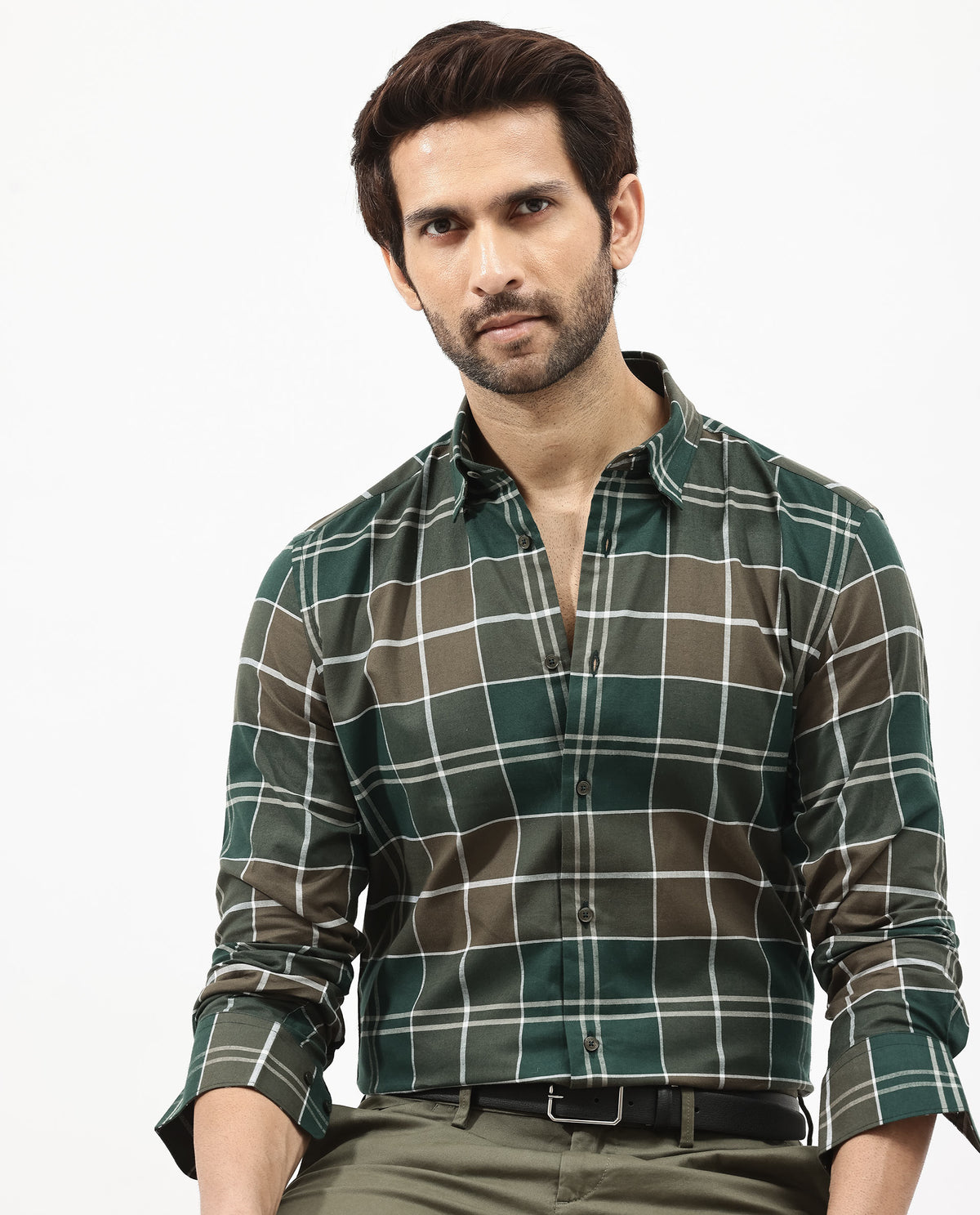 Rare Rabbit Mens Rigan Green Cotton Fabric Full Sleeve Regular Fit Checks Shirt