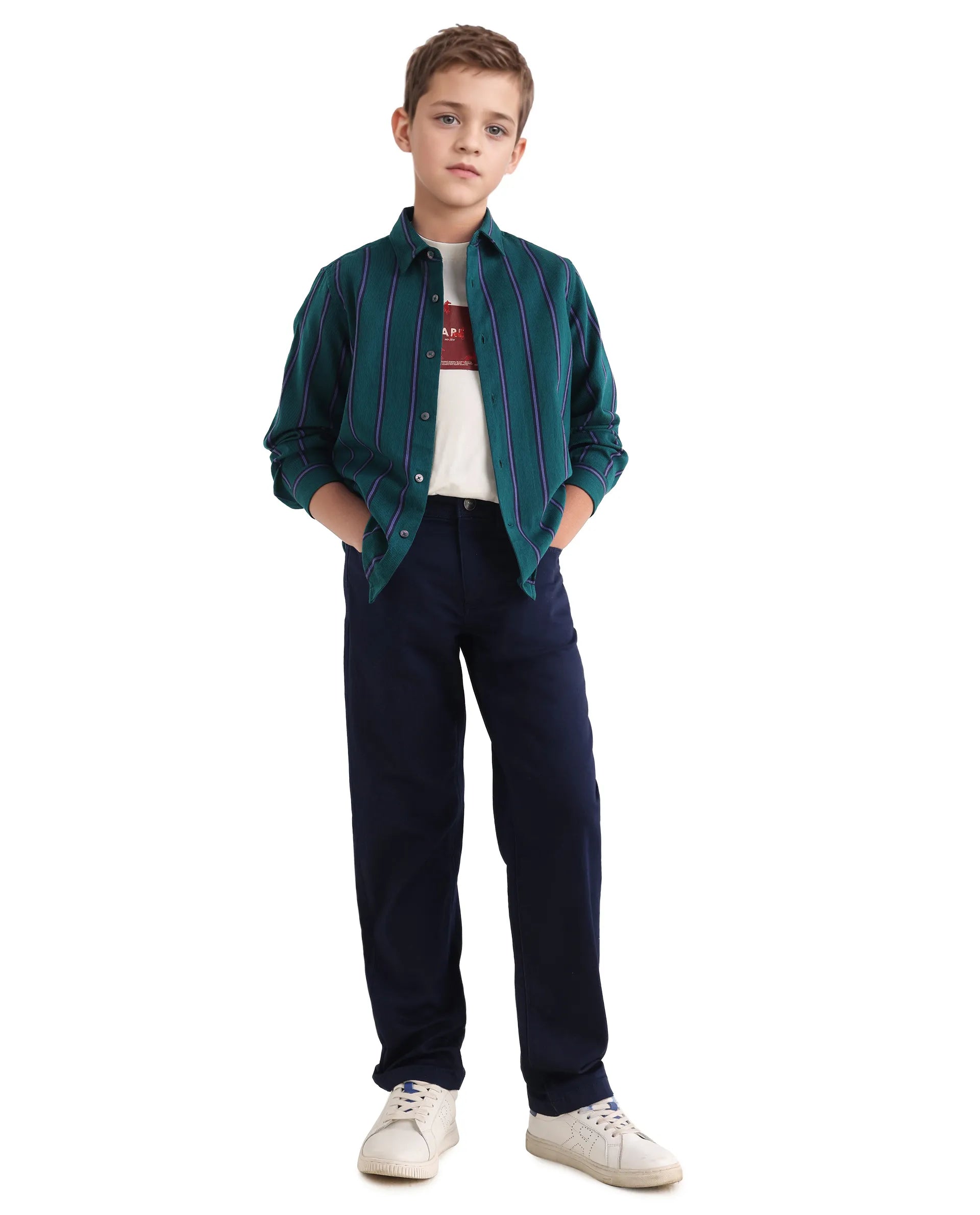 Rare Ones Kids Rigg Dark Teal Cotton Striped Button Closure Regular Fit Shirt