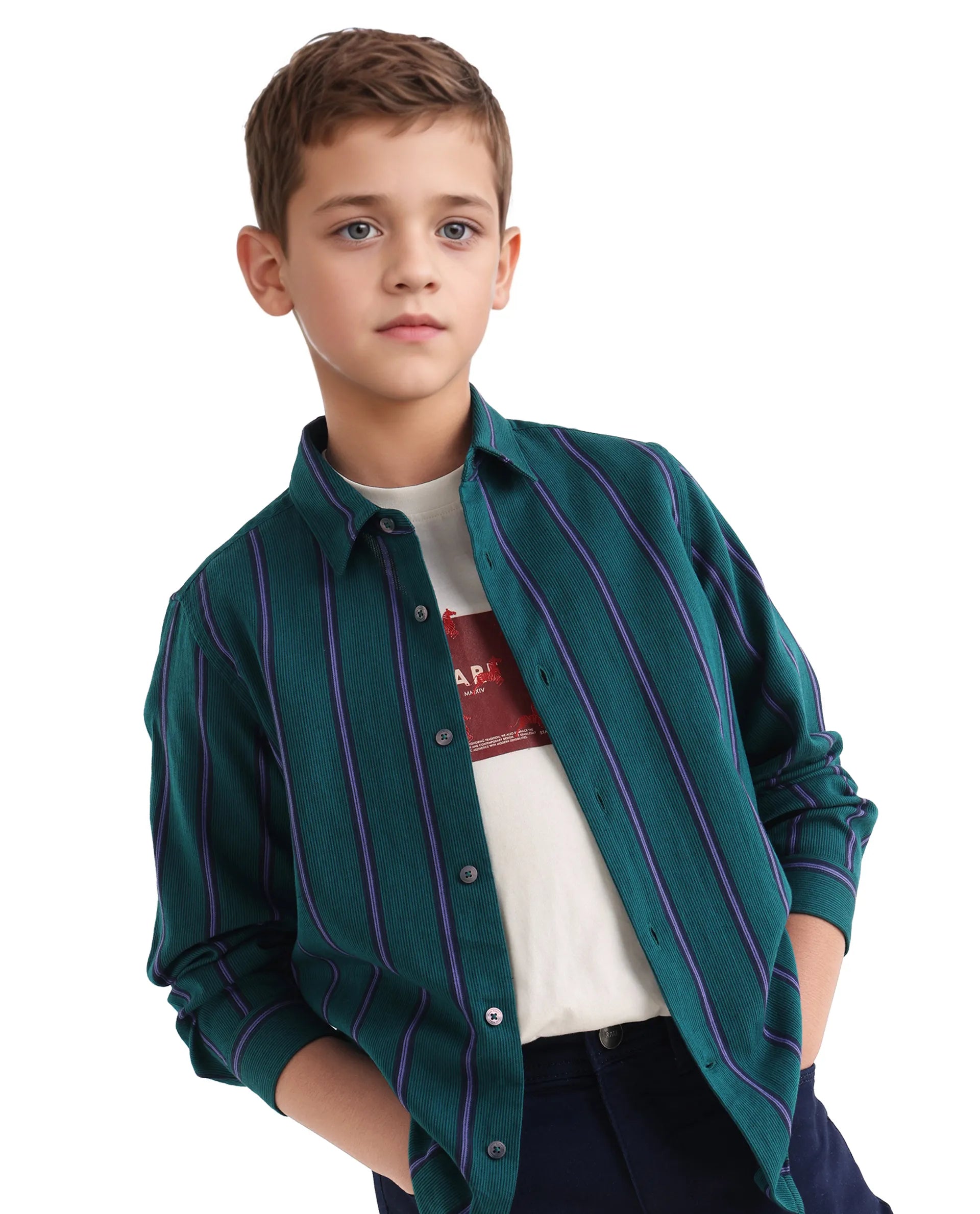 Rare Ones Kids Rigg Dark Teal Cotton Striped Button Closure Regular Fit Shirt