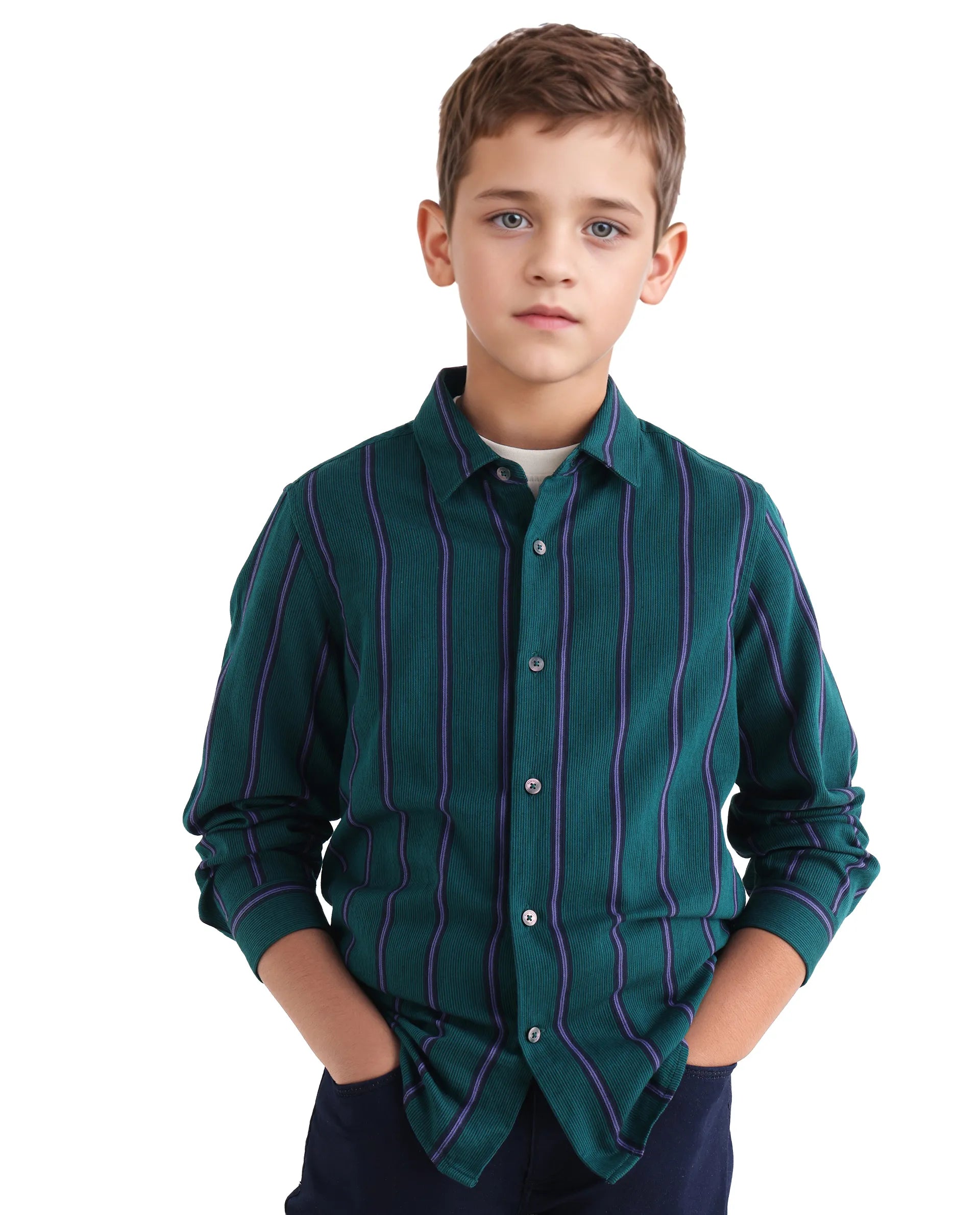Rare Ones Kids Rigg Dark Teal Cotton Striped Button Closure Regular Fit Shirt