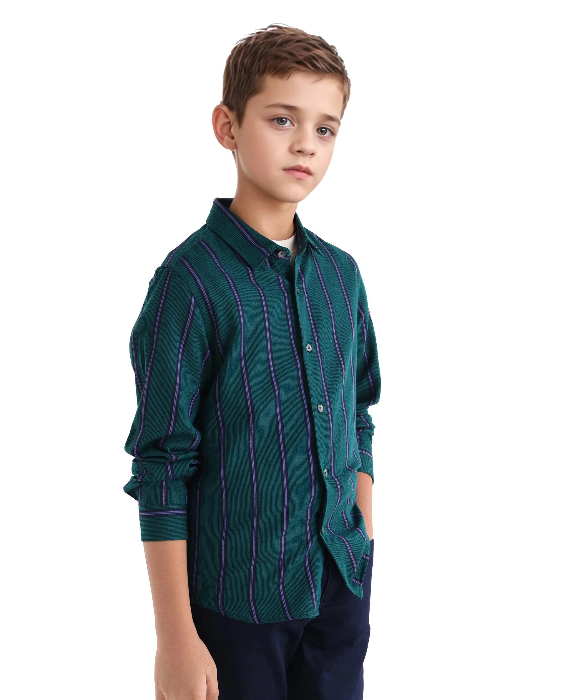 Rare Ones Kids Rigg Dark Teal Cotton Striped Button Closure Regular Fit Shirt
