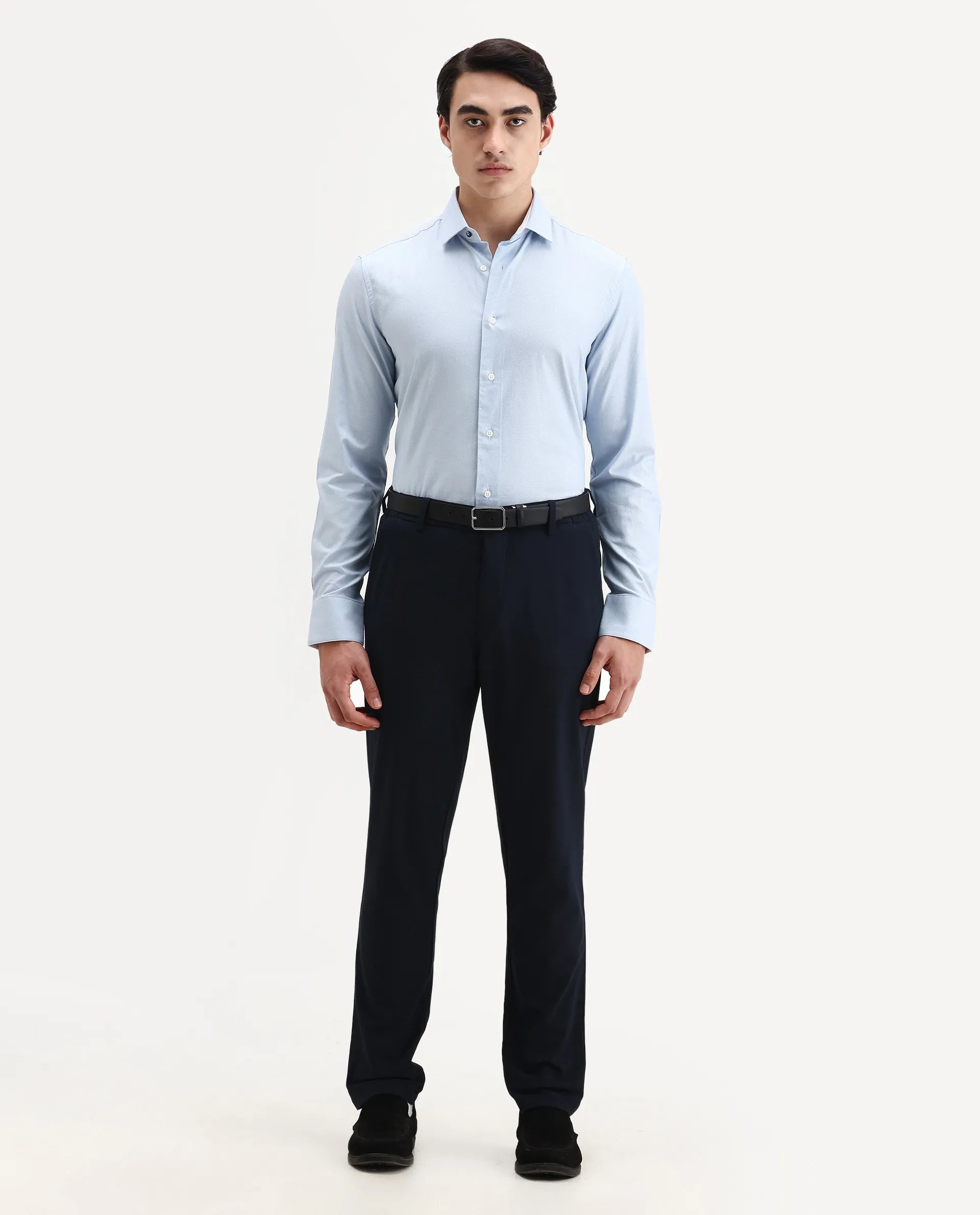 Rare Rabbit Men's Rigor Pastel Blue Cotton Textured Regular Fit Full Sleeve Collared Shirt