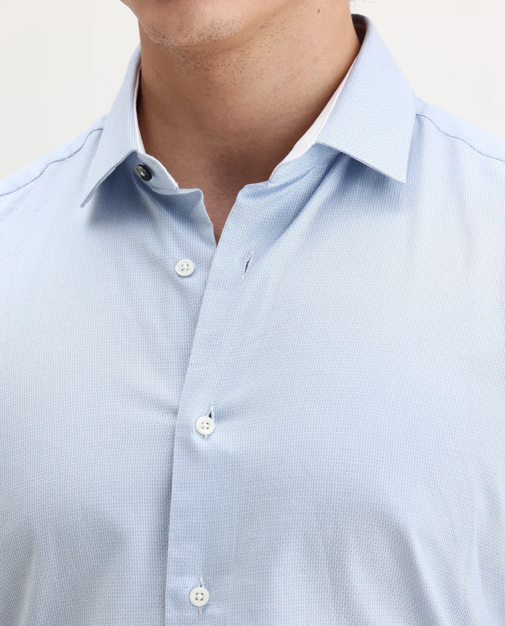 Rare Rabbit Men's Rigor Pastel Blue Cotton Textured Regular Fit Full Sleeve Collared Shirt