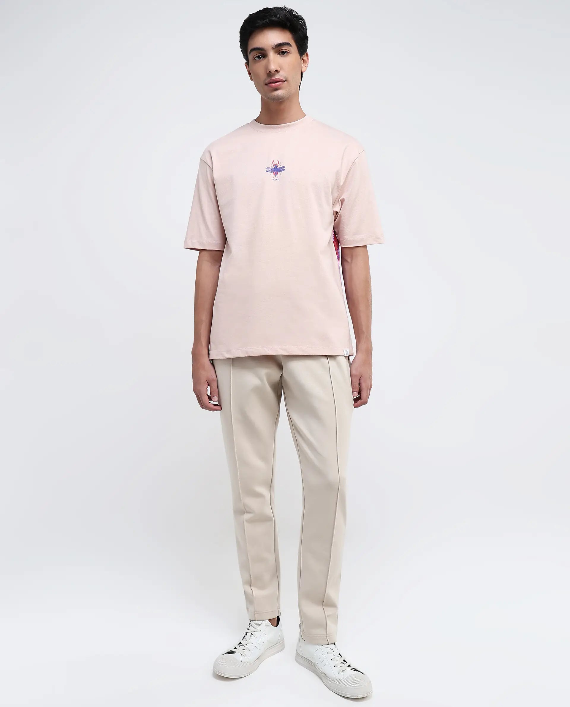 Rare Rabbit Men Rigy Pastel Pink Short Sleeve Crew Neck Oversized Fit Graphic Back Print T-Shirt