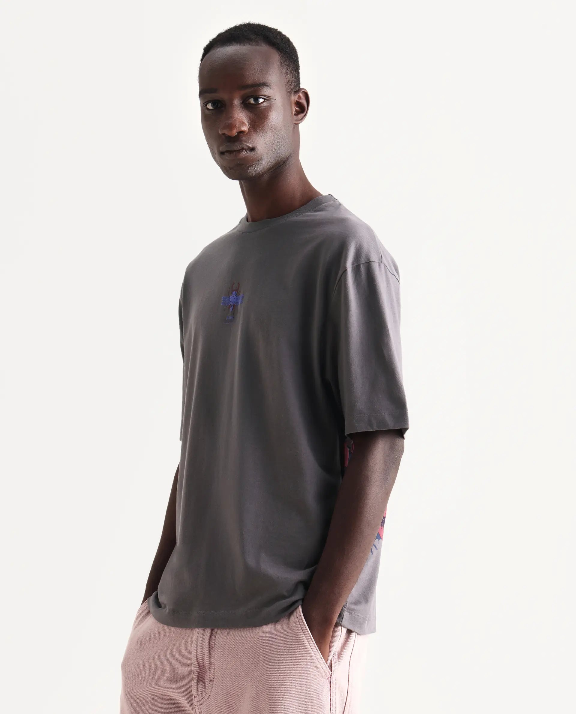 Rare Rabbit Men's Rigy Dark Grey Cotton Graphic Print Oversized Fit Half Sleeve Crew Neck T-Shirt