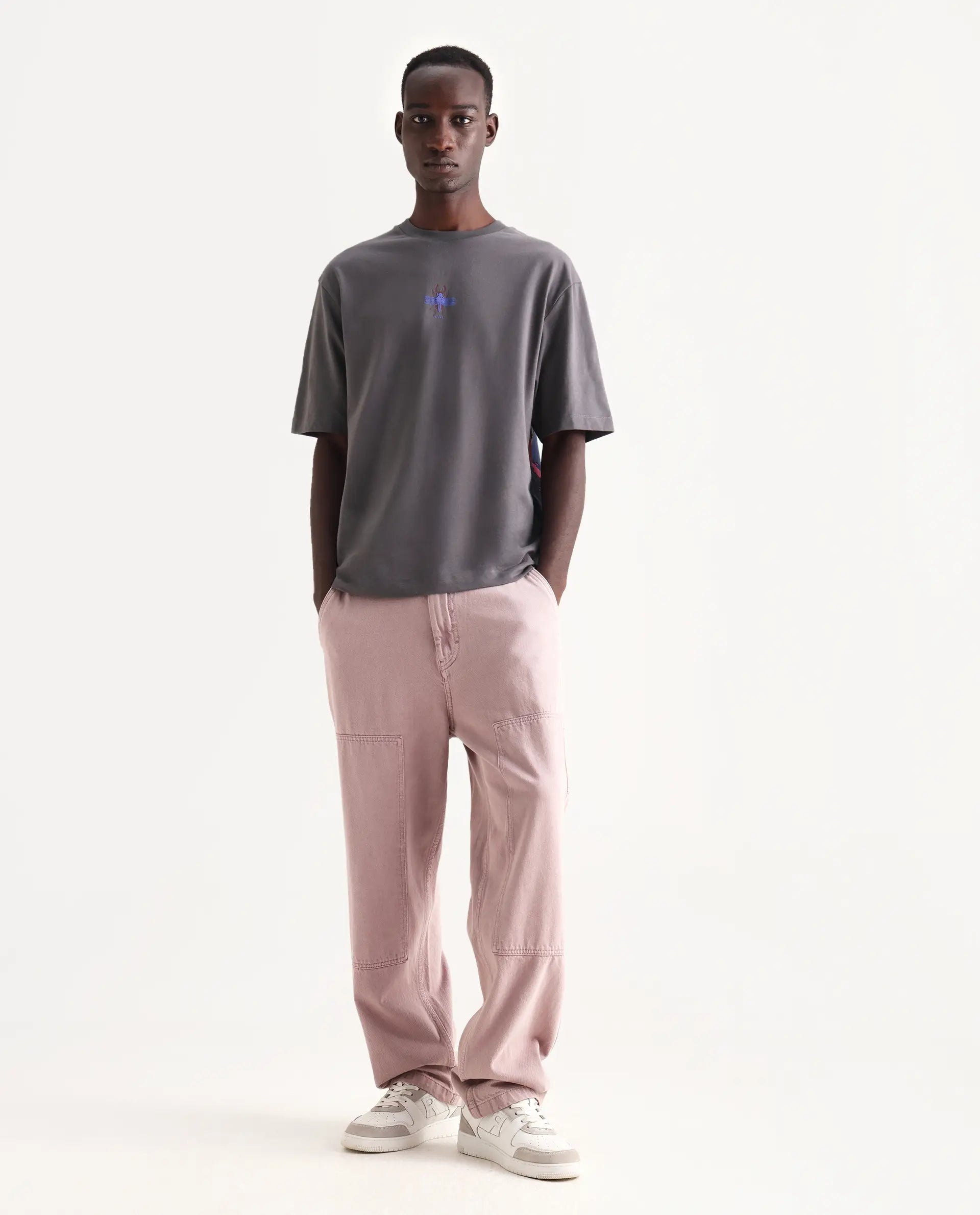 Rare Rabbit Men's Rigy Dark Grey Cotton Graphic Print Oversized Fit Half Sleeve Crew Neck T-Shirt