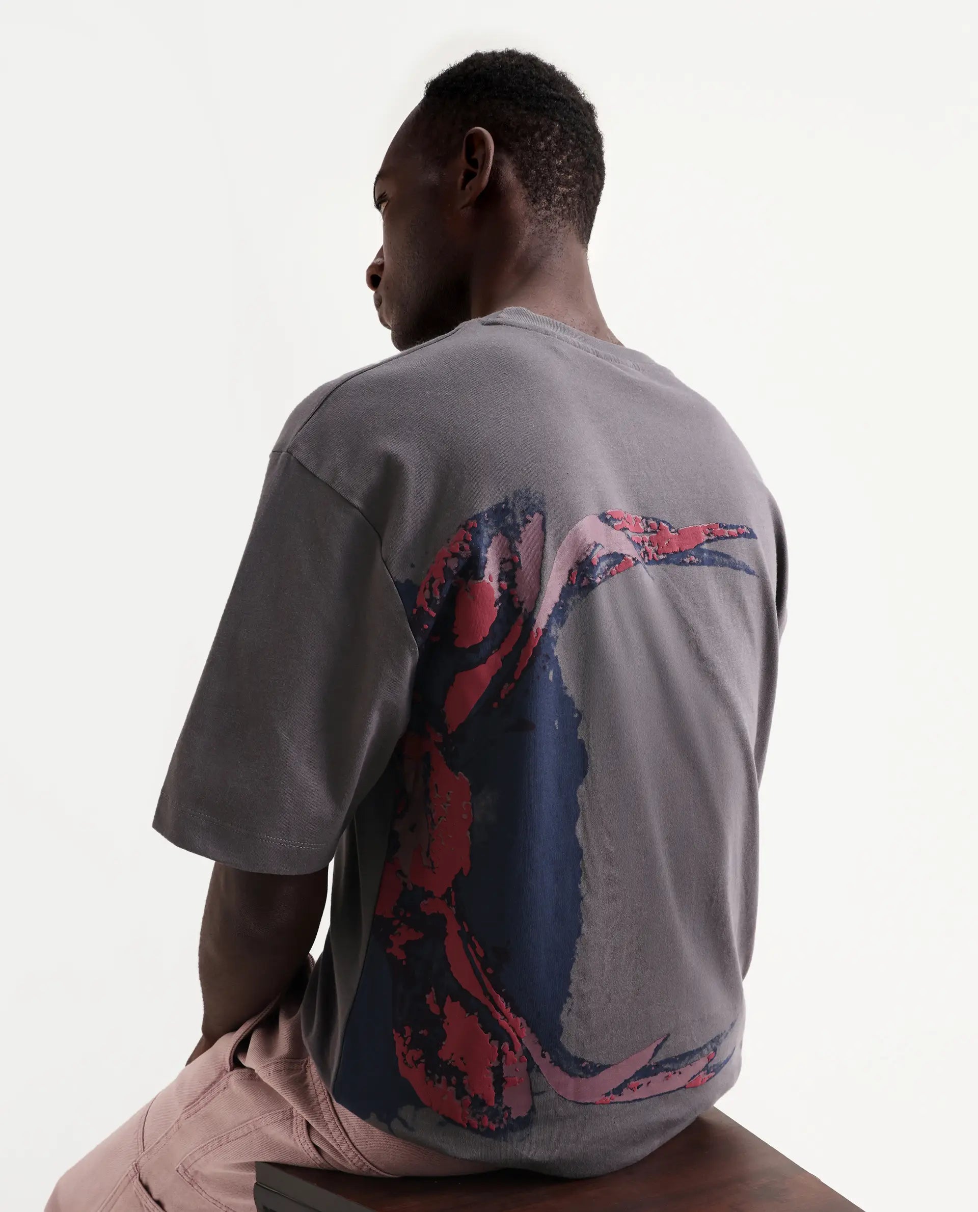 Rare Rabbit Men's Rigy Dark Grey Cotton Graphic Print Oversized Fit Half Sleeve Crew Neck T-Shirt