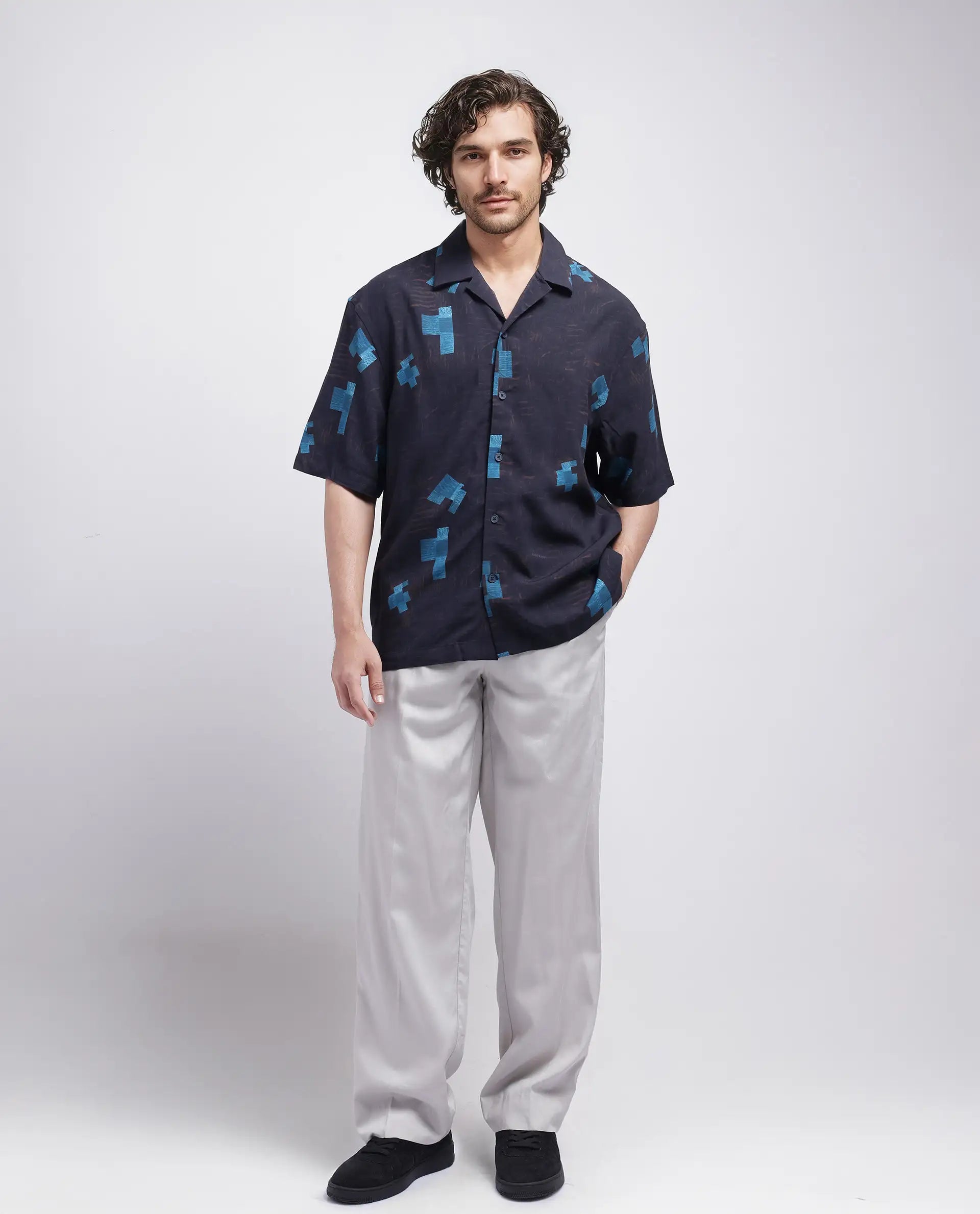 Rare Rabbit Men Riko Dark Brown Viscose Fabric Half Sleeve Cuban Collar Button Closure Oversized Fit Abstract Print Shirt