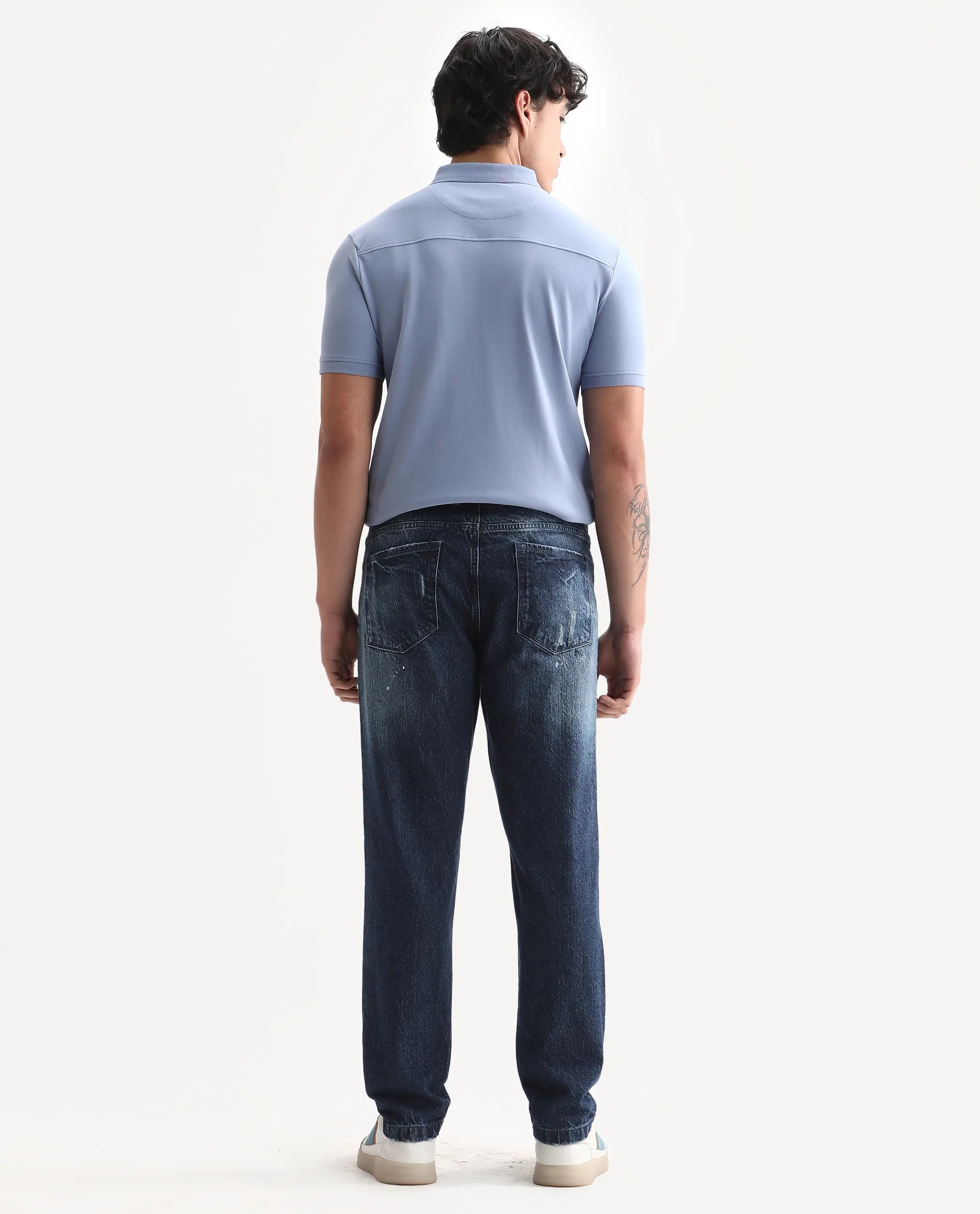 Rare Rabbit Men's Riley Blue Cotton Plain Kurt Carrot Fit Jeans