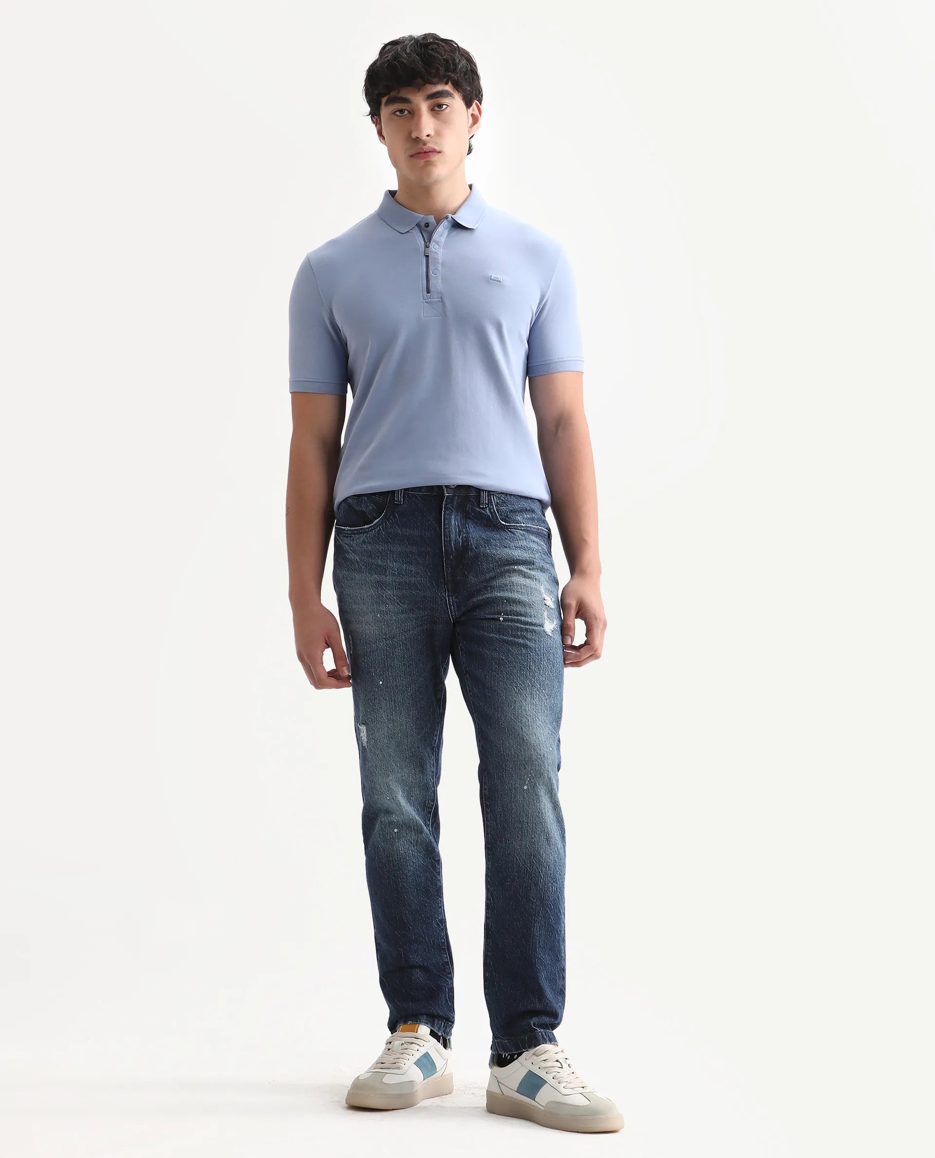 Rare Rabbit Men's Riley Blue Cotton Plain Kurt Carrot Fit Jeans