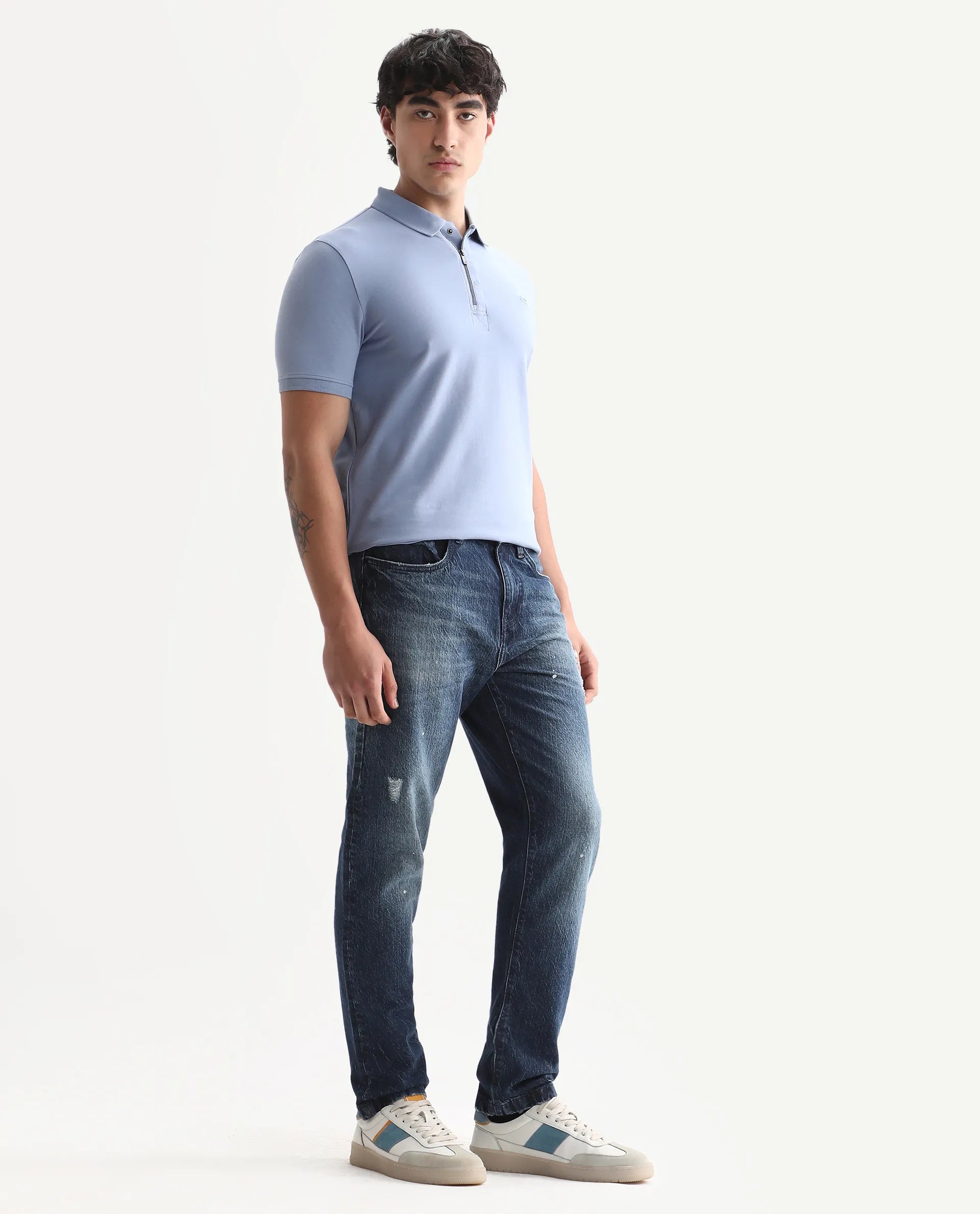 Rare Rabbit Men's Riley Blue Cotton Plain Kurt Carrot Fit Jeans