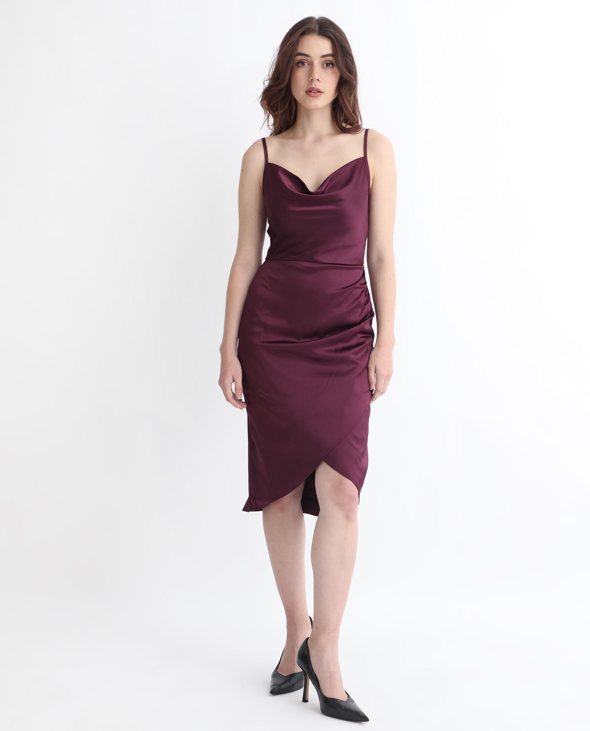 Rareism Women Rilu Sheen Maroon Cowl Neck Spaghetti Shoulder Straps Party Knee Length Dress