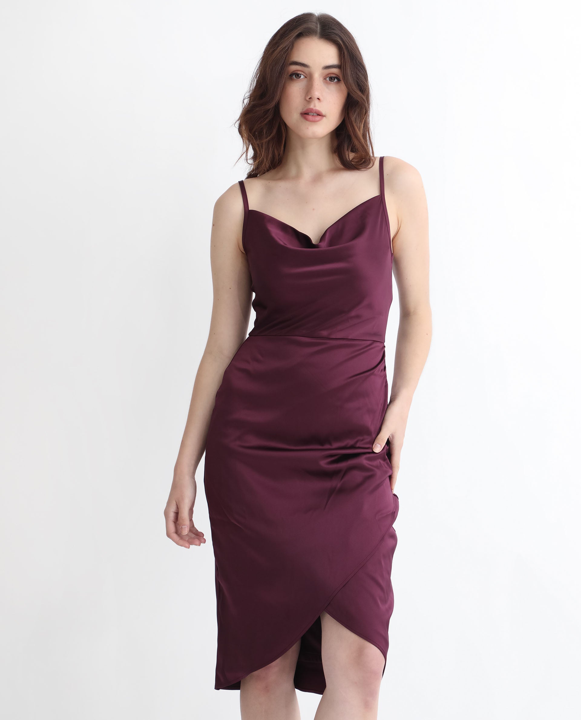 Rareism Women Rilu Sheen Maroon Cowl Neck Spaghetti Shoulder Straps Party Knee Length Dress