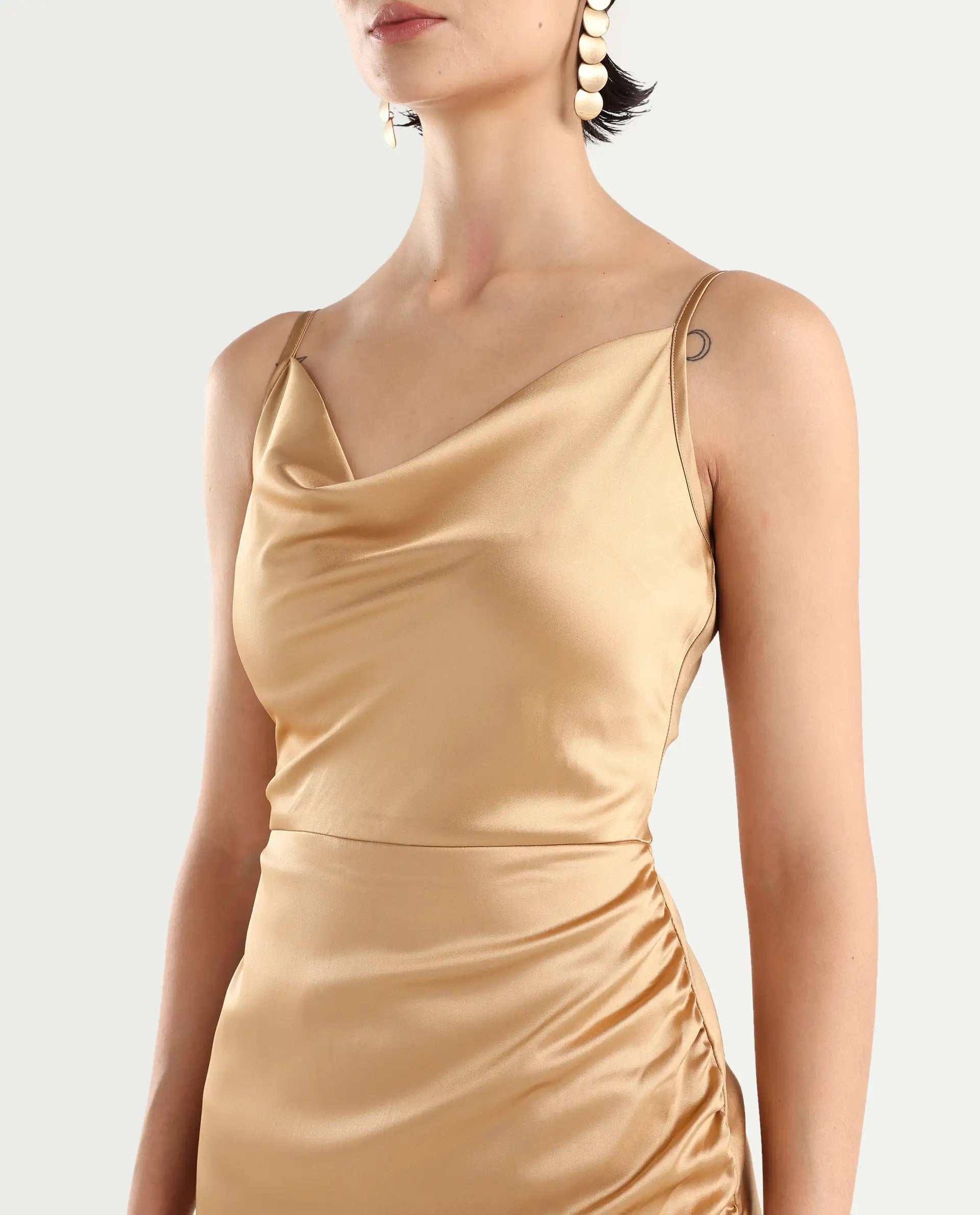 Rareism Women's Rilu Sheen Gold Polyester Blend Cowl Neck Plain Shoulder Strap Knee Length Regular Fit Dress