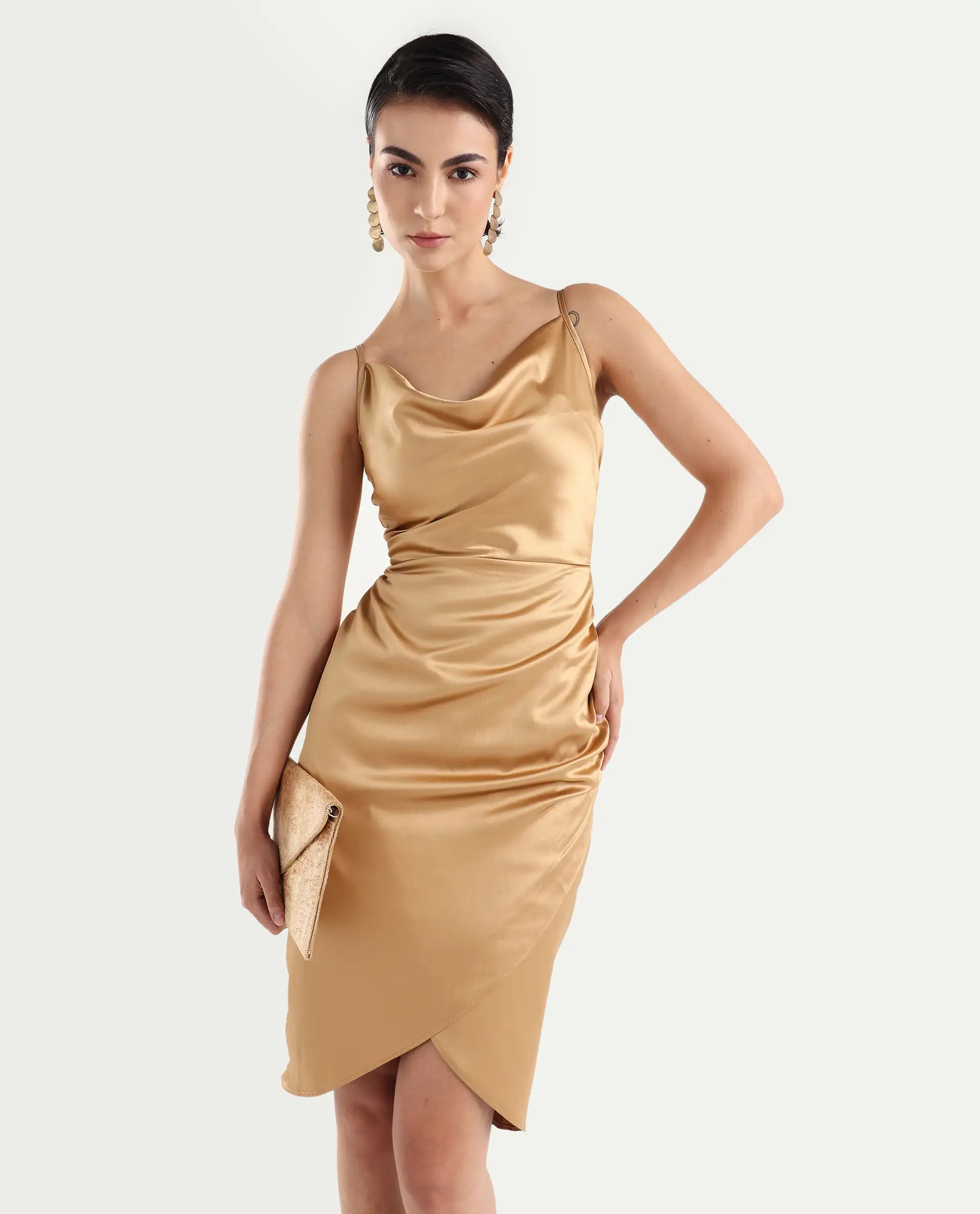 Rareism Women's Rilu Sheen Gold Polyester Blend Cowl Neck Plain Shoulder Strap Knee Length Regular Fit Dress