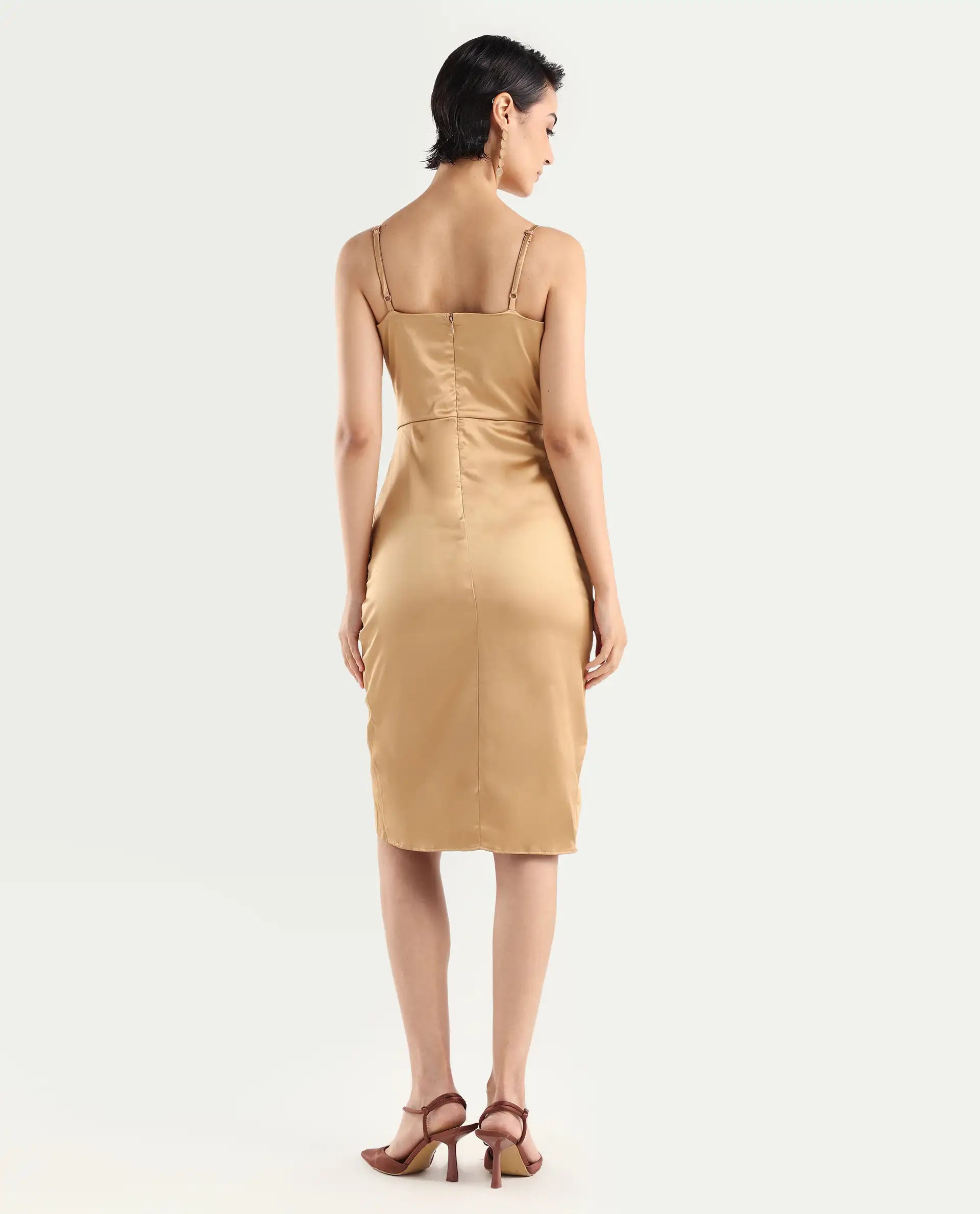 Rareism Women's Rilu Sheen Gold Polyester Blend Cowl Neck Plain Shoulder Strap Knee Length Regular Fit Dress