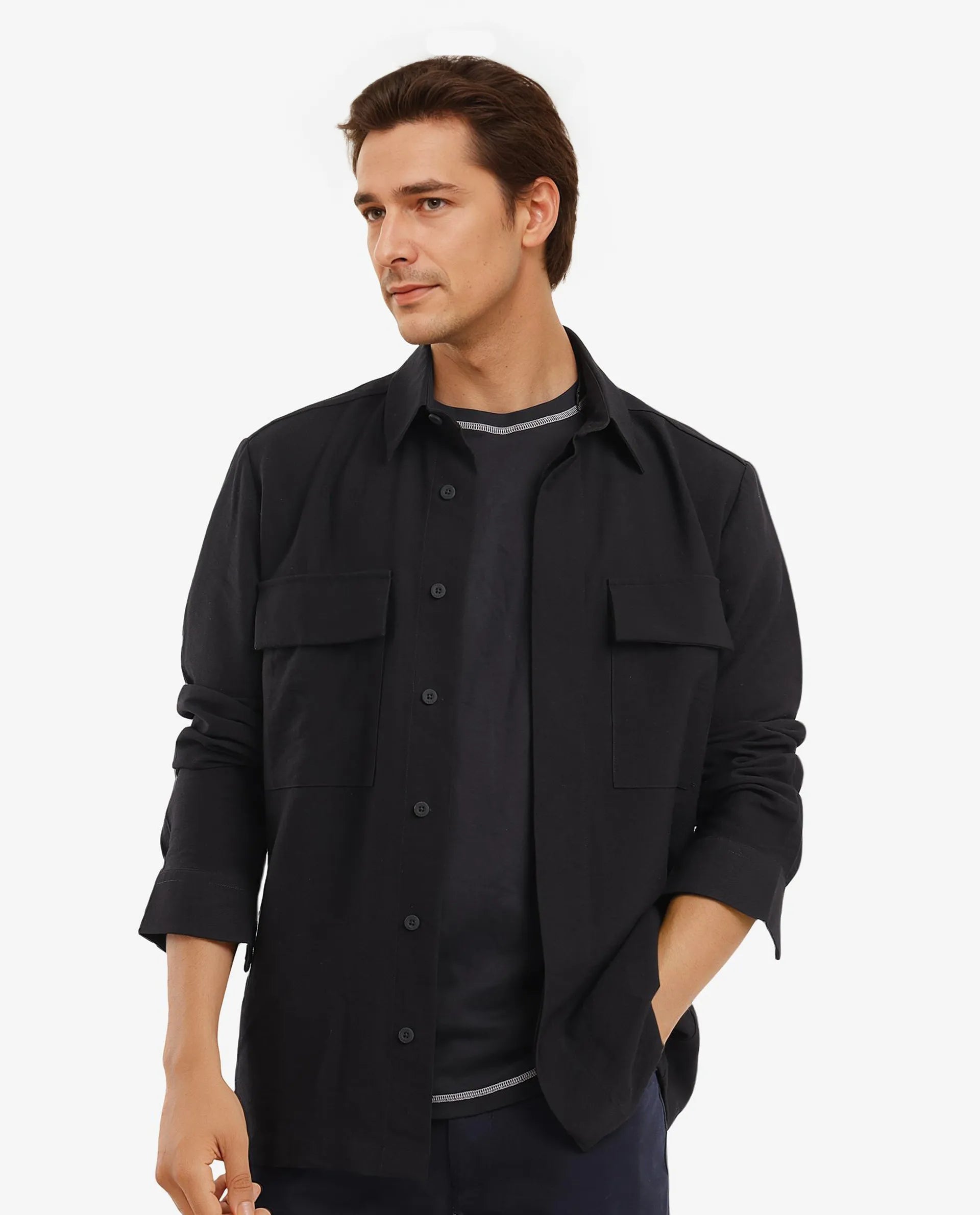 Rare Rabbit Men Rimal Black Viscose Nylon Blend Fabric Full Sleeve Regular Collared Boxy Fit Cavalry Twill Solid Shirt
