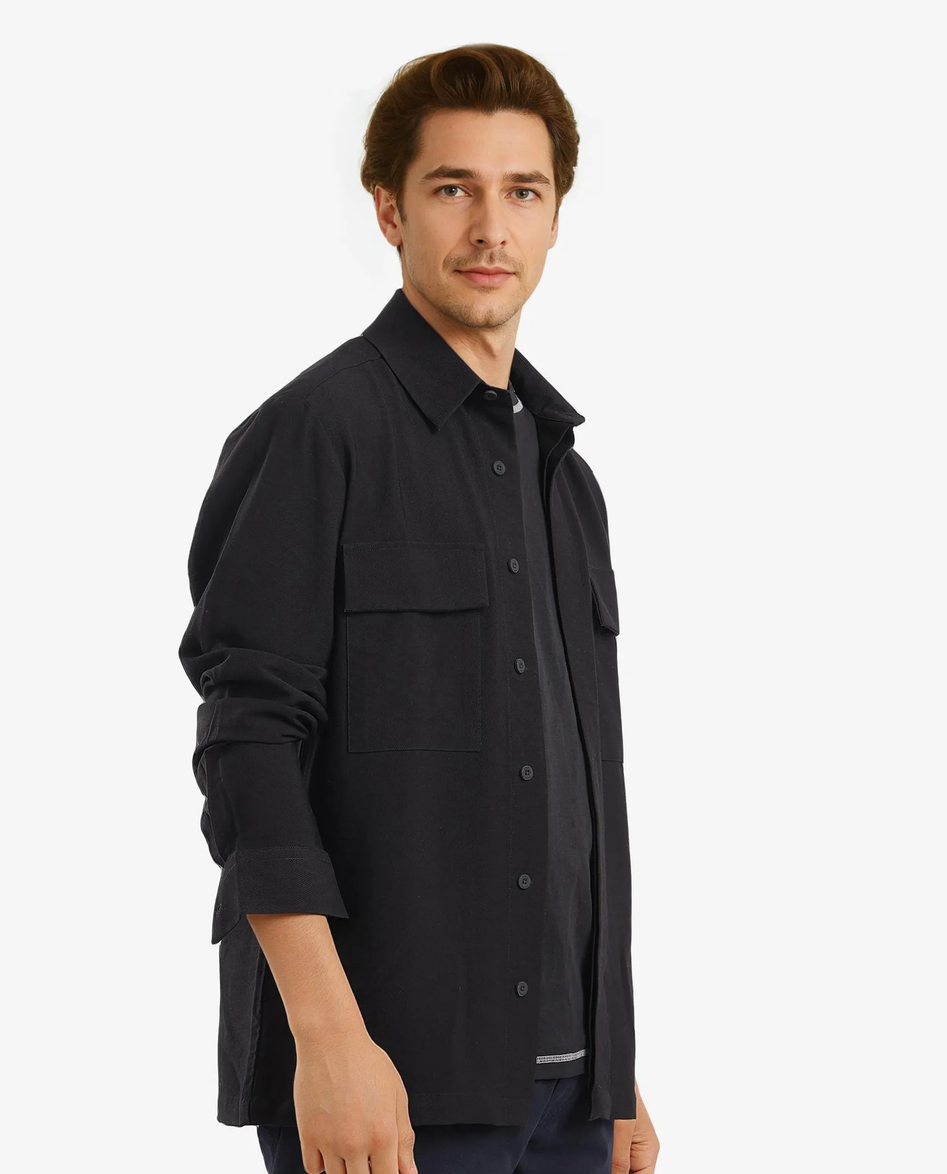 Rare Rabbit Men Rimal Black Viscose Nylon Blend Fabric Full Sleeve Regular Collared Boxy Fit Cavalry Twill Solid Shirt