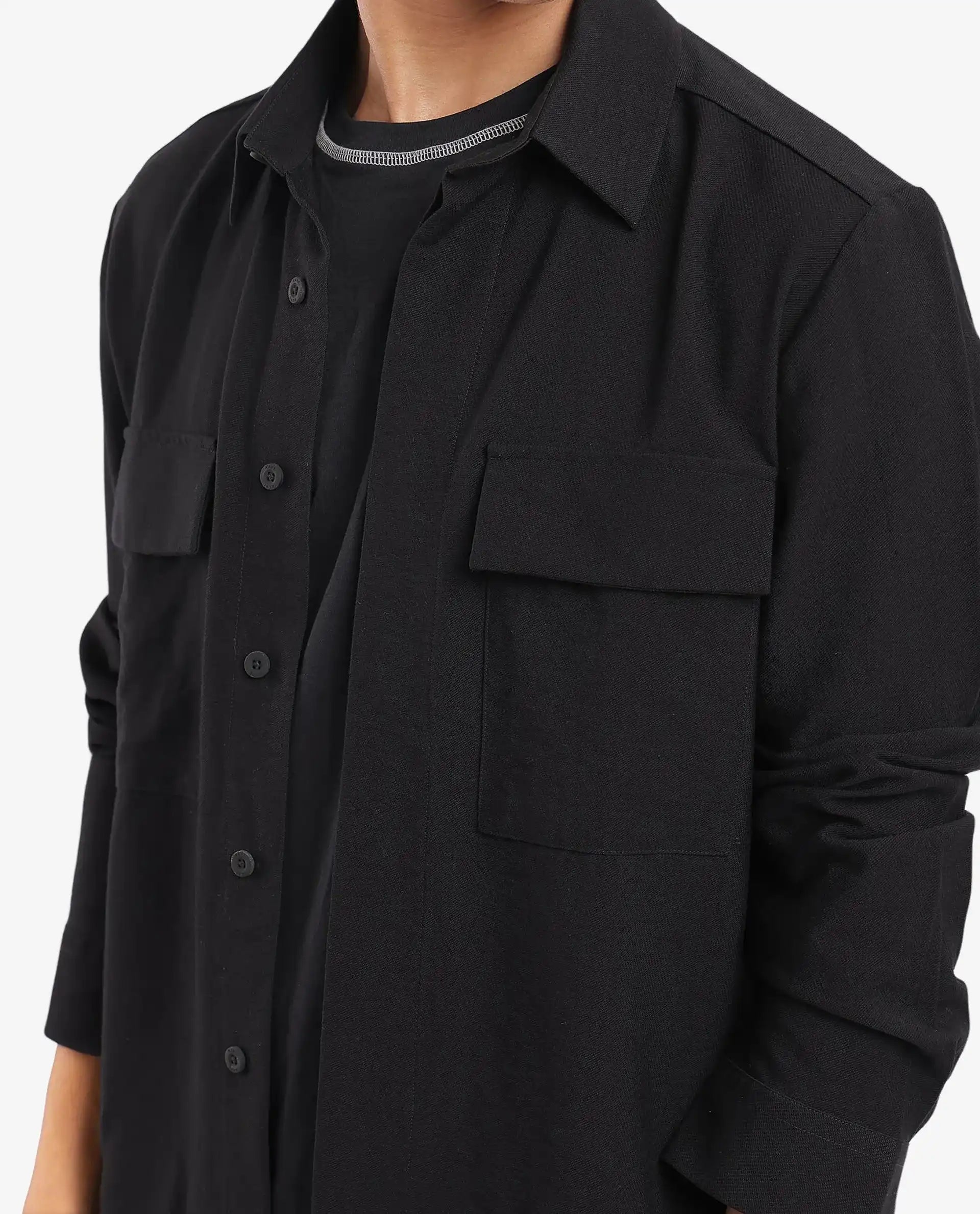 Rare Rabbit Men Rimal Black Viscose Nylon Blend Fabric Full Sleeve Regular Collared Boxy Fit Cavalry Twill Solid Shirt