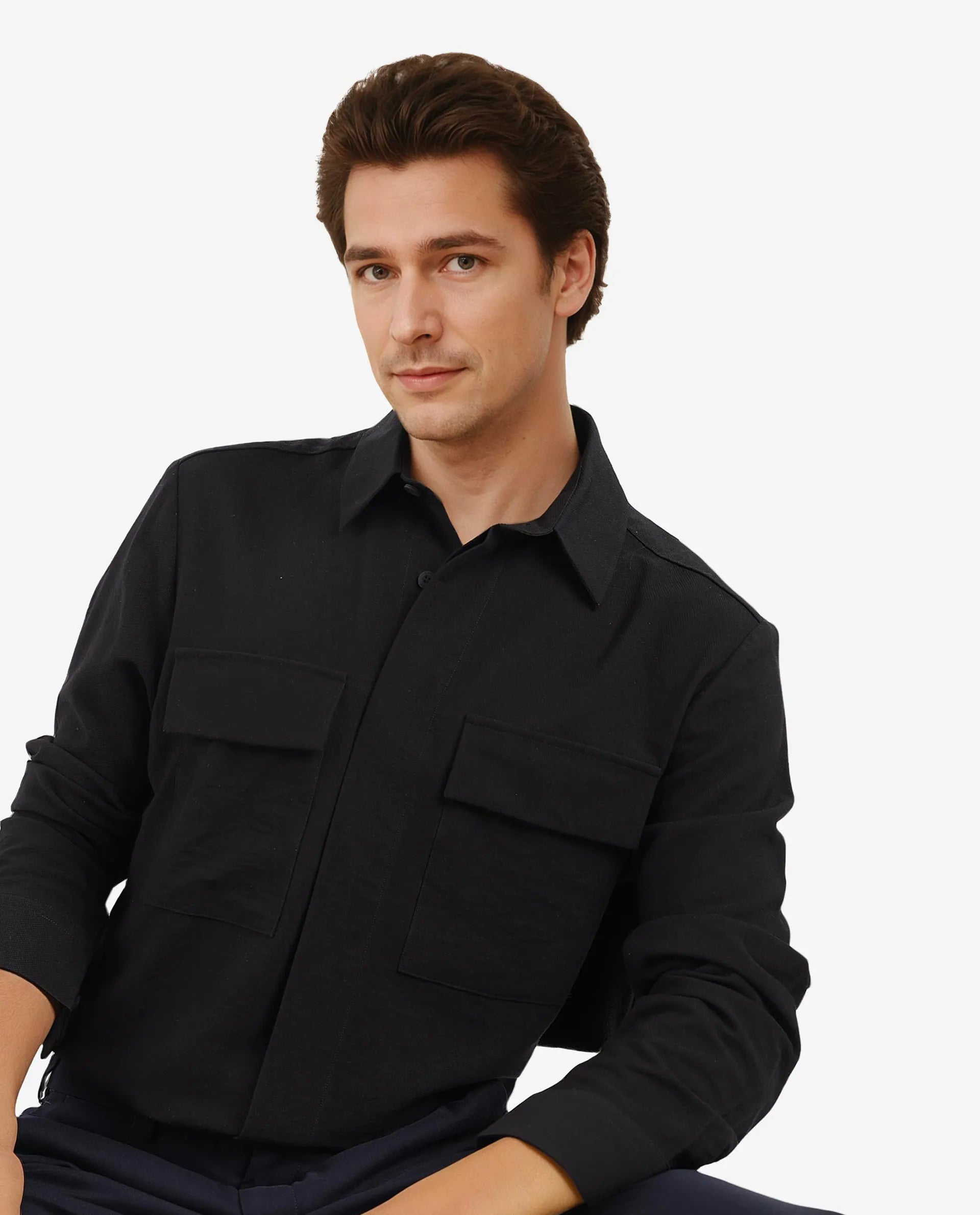 Rare Rabbit Men Rimal Black Viscose Nylon Blend Fabric Full Sleeve Regular Collared Boxy Fit Cavalry Twill Solid Shirt