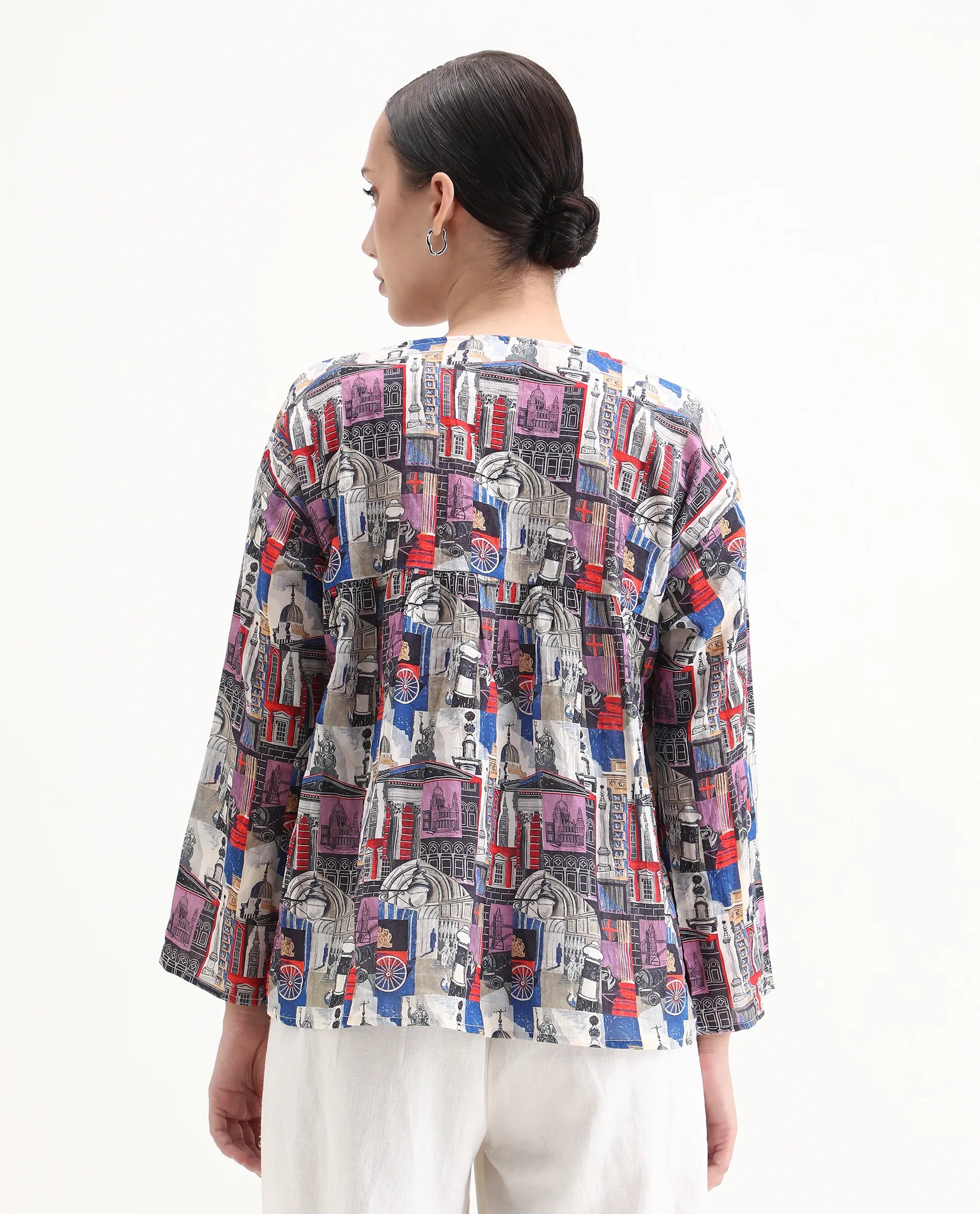 Rareism Women's Rinata-T Multi Cotton V-Neck Abstract Print Regular Fit Top