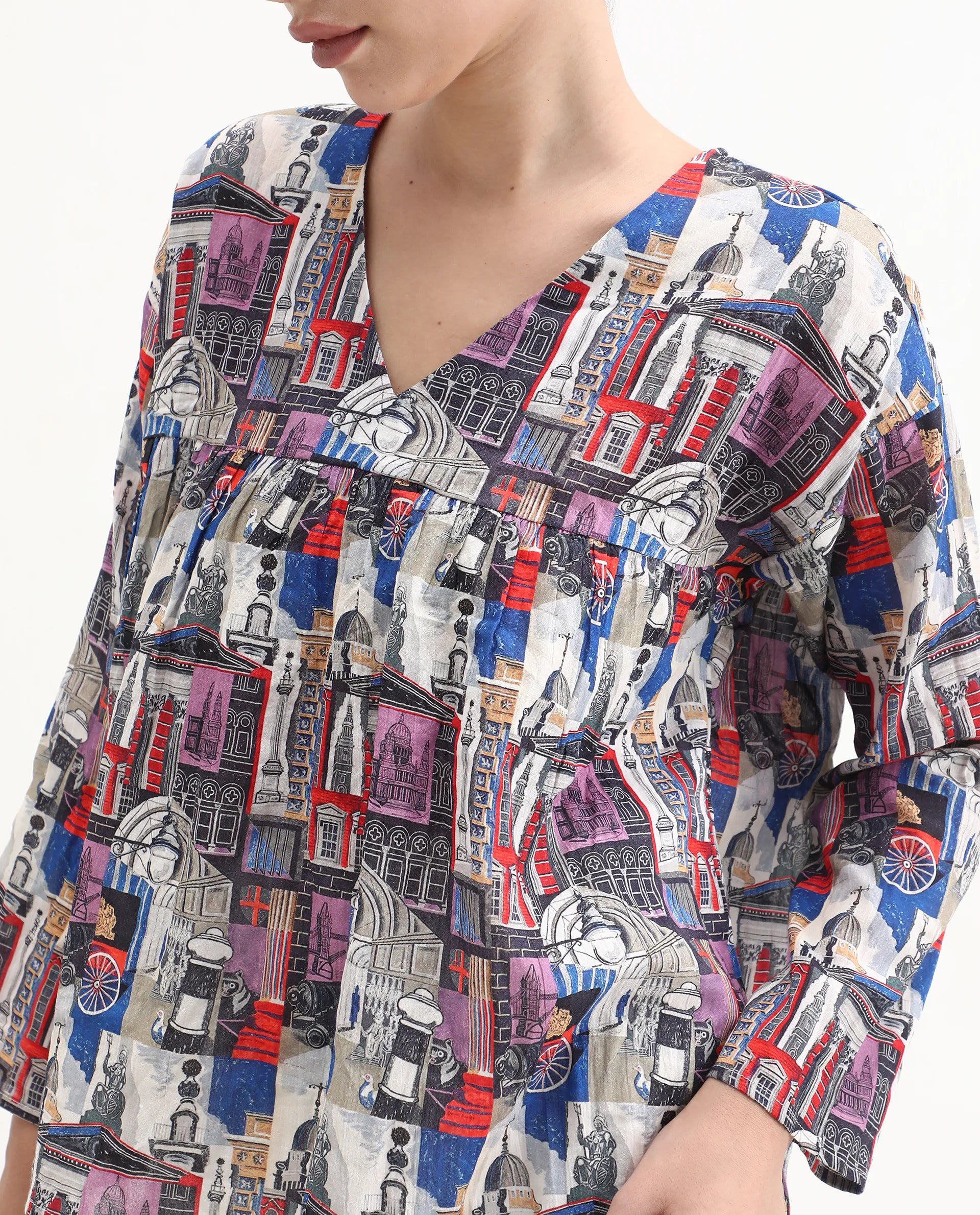 Rareism Women's Rinata-T Multi Cotton V-Neck Abstract Print Regular Fit Top