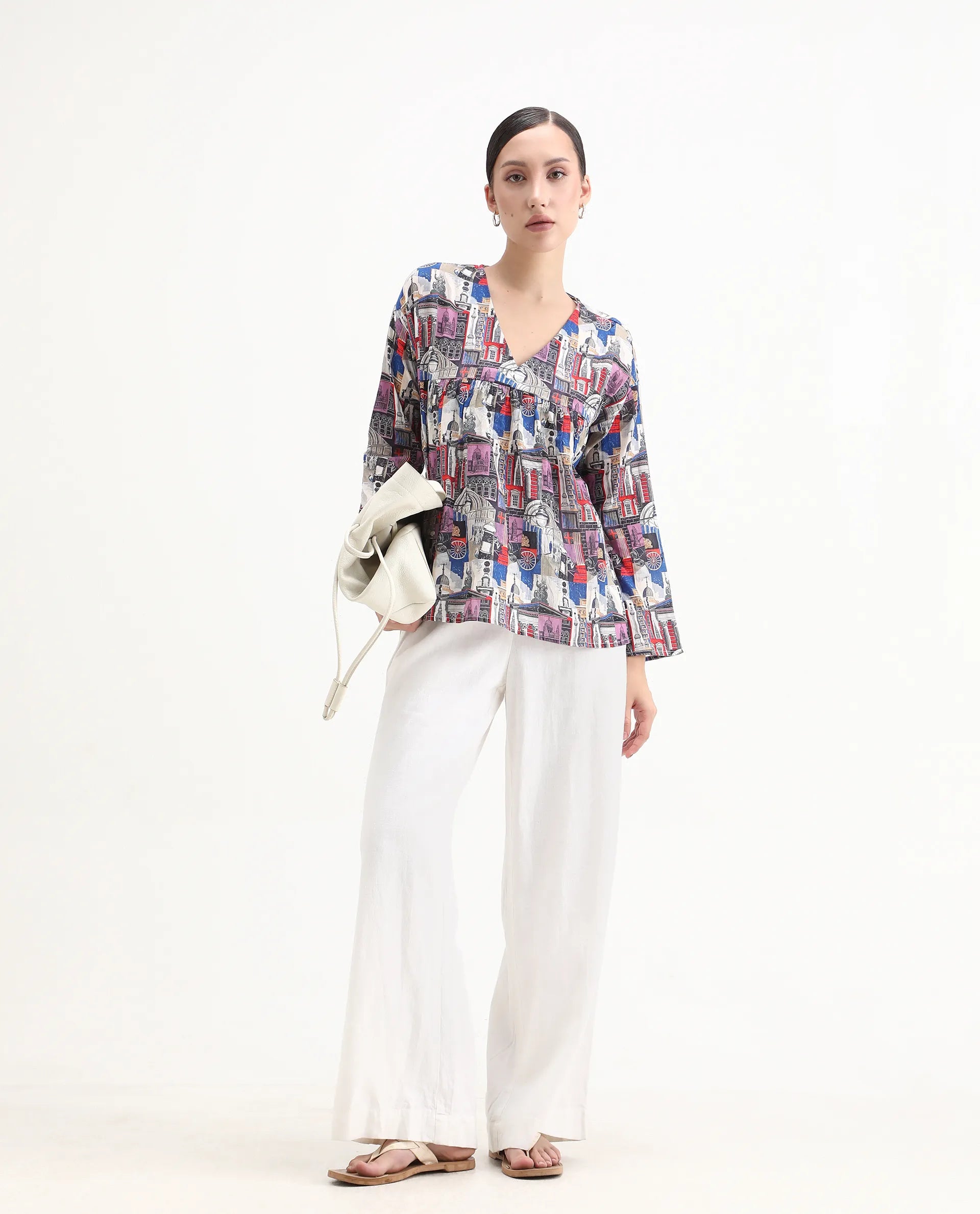 Rareism Women's Rinata-T Multi Cotton V-Neck Abstract Print Regular Fit Top