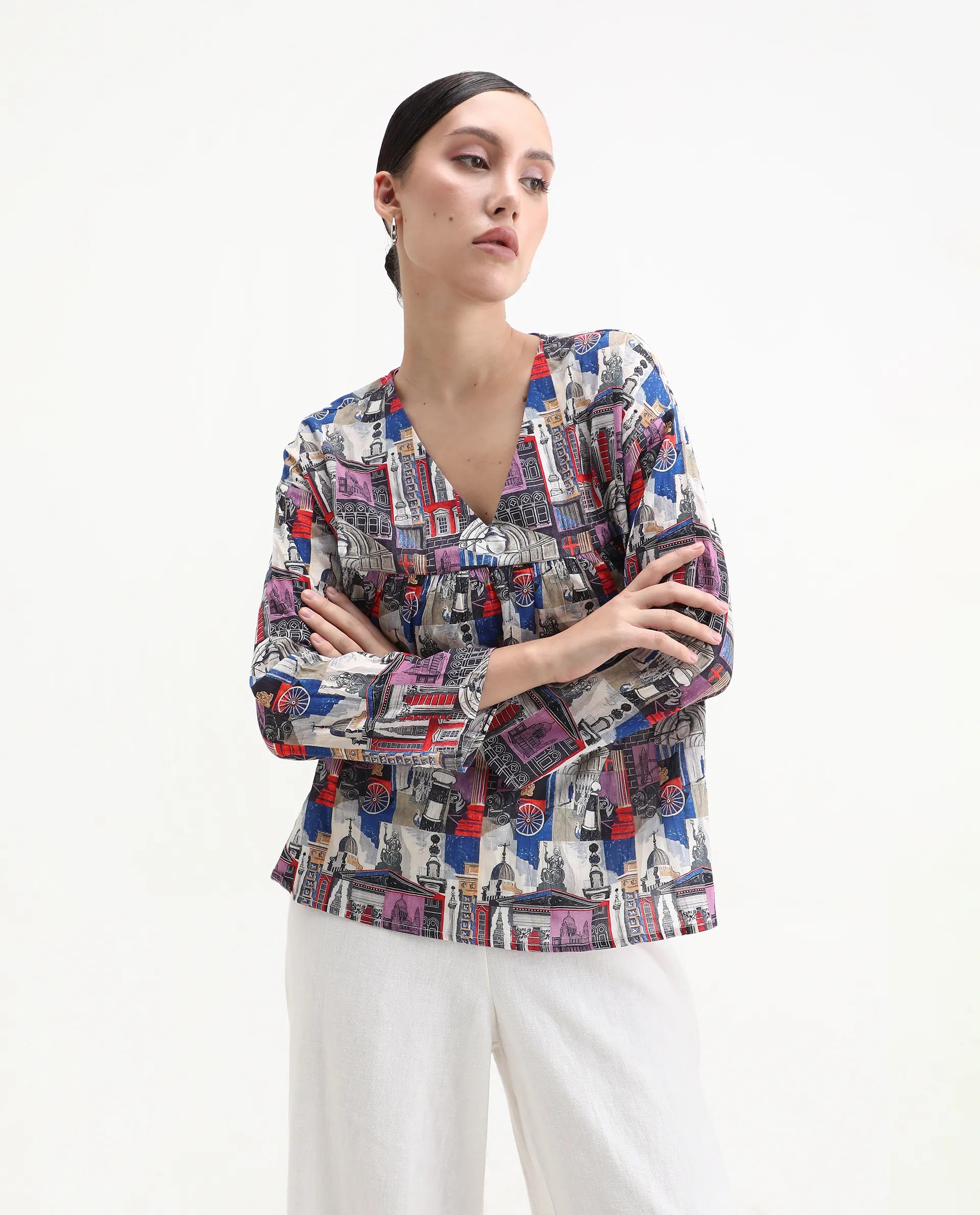 Rareism Women's Rinata-T Multi Cotton V-Neck Abstract Print Regular Fit Top