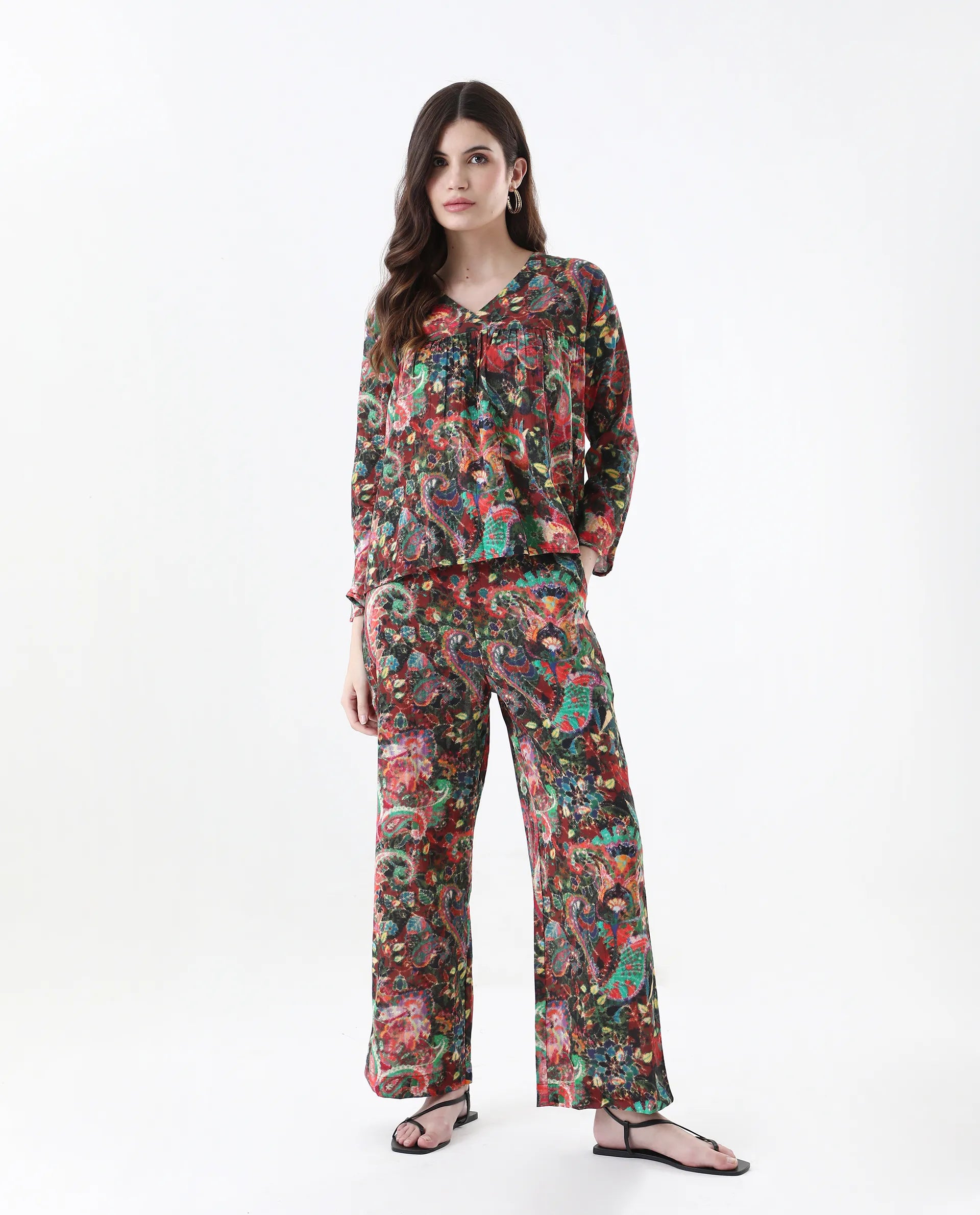 Rareism Women's Rinatao-B Dark Multi Cotton Blend Paisley Print Ankle Length Straight Fit Trouser