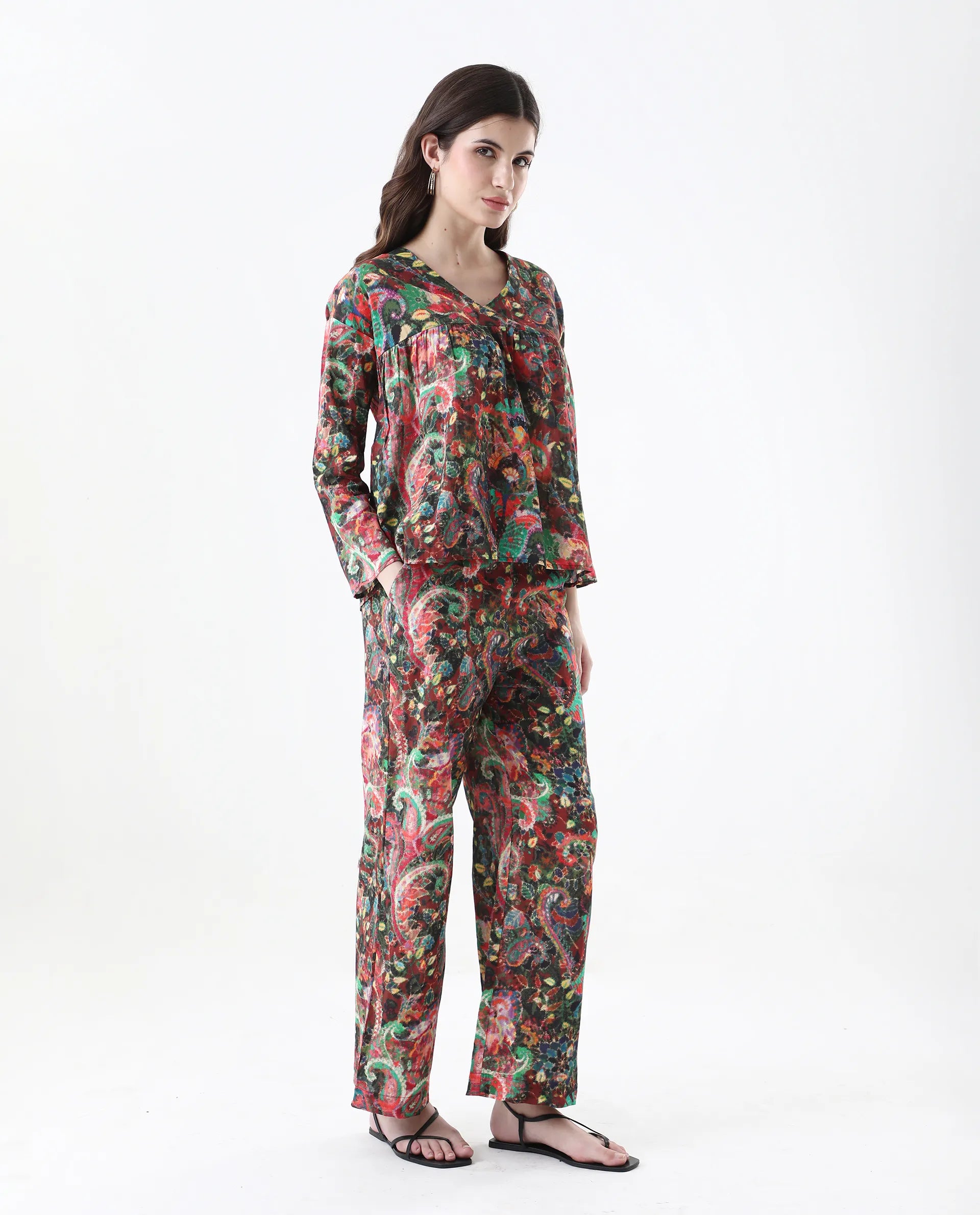 Rareism Women's Rinatao-B Dark Multi Cotton Blend Paisley Print Ankle Length Straight Fit Trouser