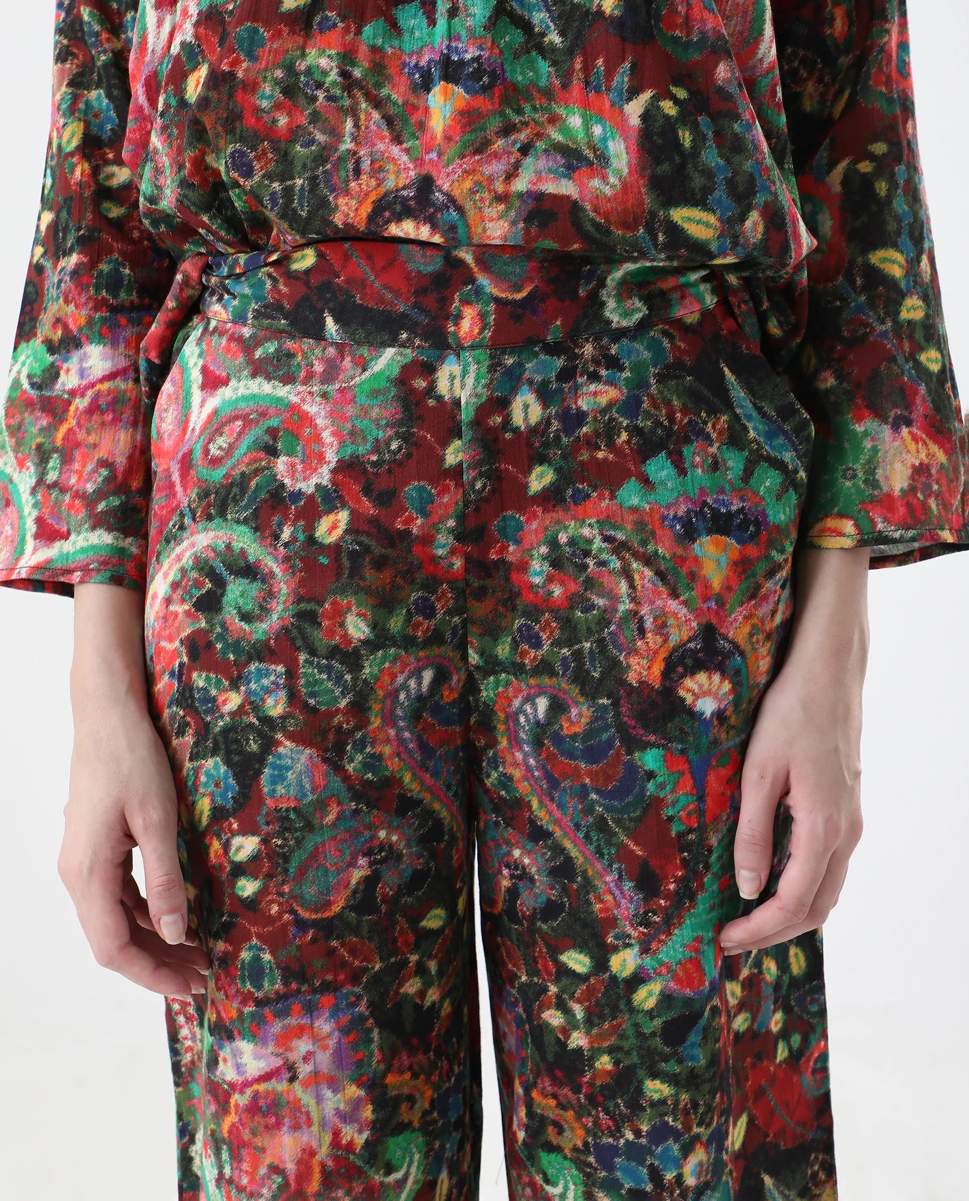 Rareism Women's Rinatao-B Dark Multi Cotton Blend Paisley Print Ankle Length Straight Fit Trouser