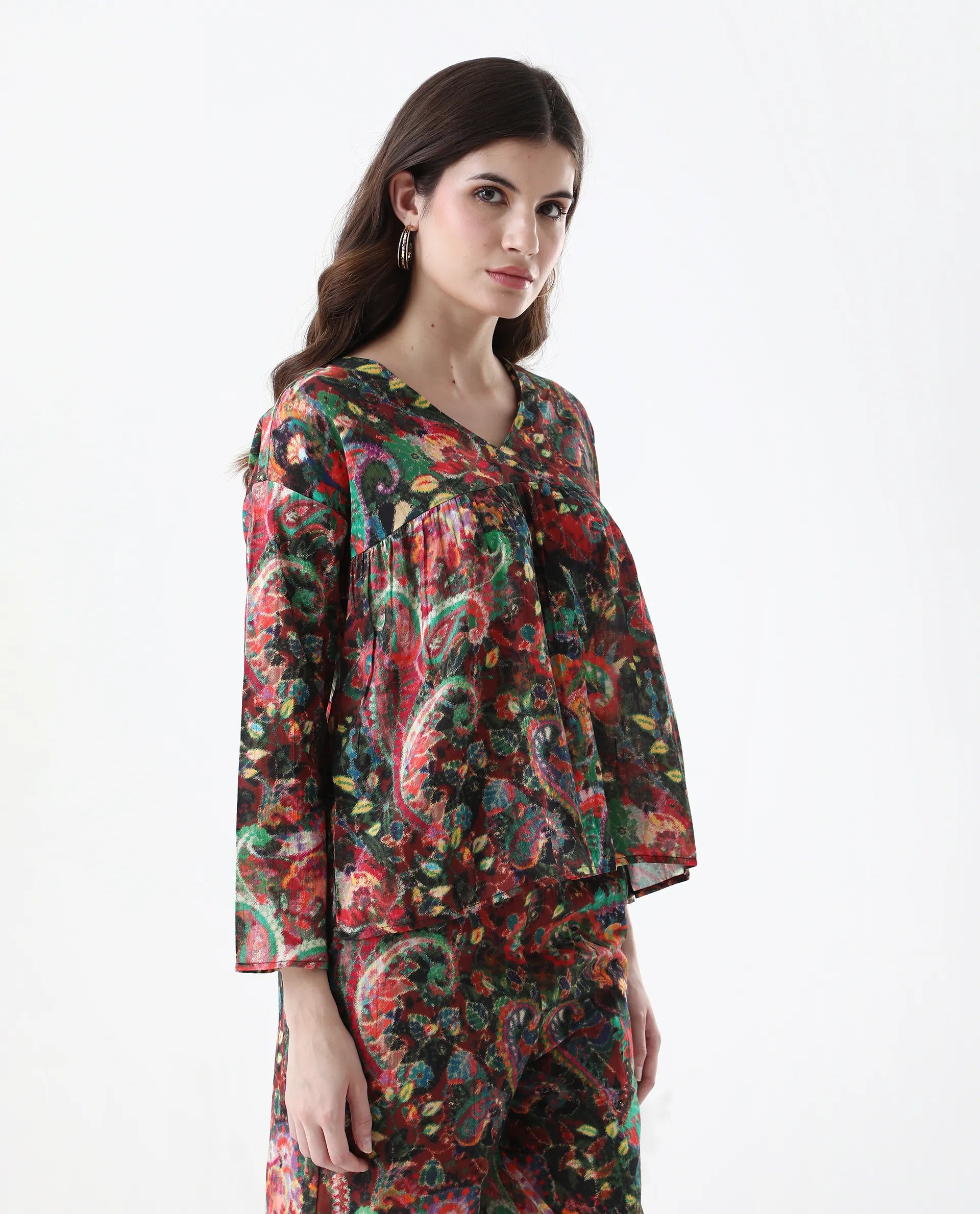 Rareism Women's Rinatao-T Dark Multi Cotton Blend V-Neck Paisley Print Regular Fit Top