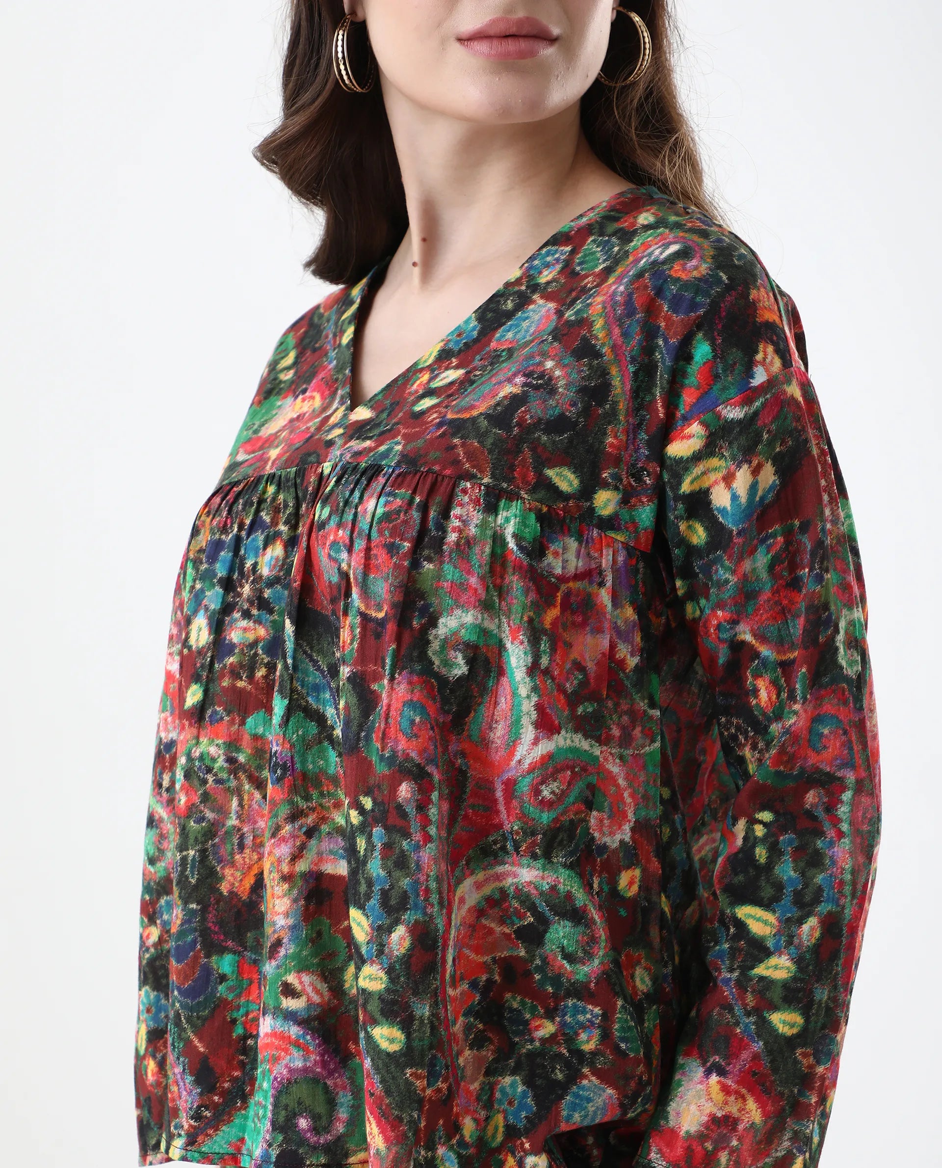 Rareism Women's Rinatao-T Dark Multi Cotton Blend V-Neck Paisley Print Regular Fit Top