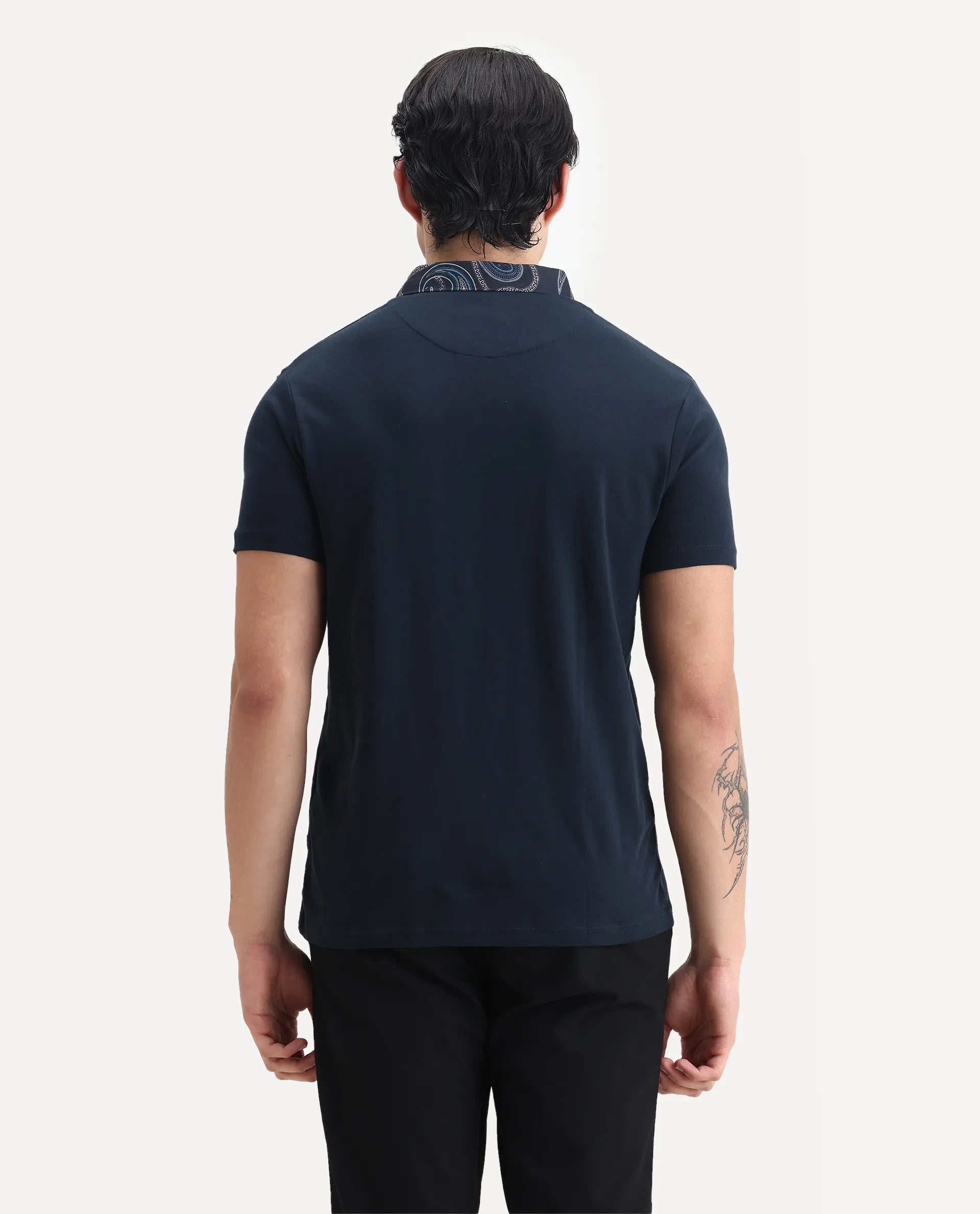 Rare Rabbit Men's Ringer-1 Navy Cotton Printed Regular Fit Half Sleeve Polo