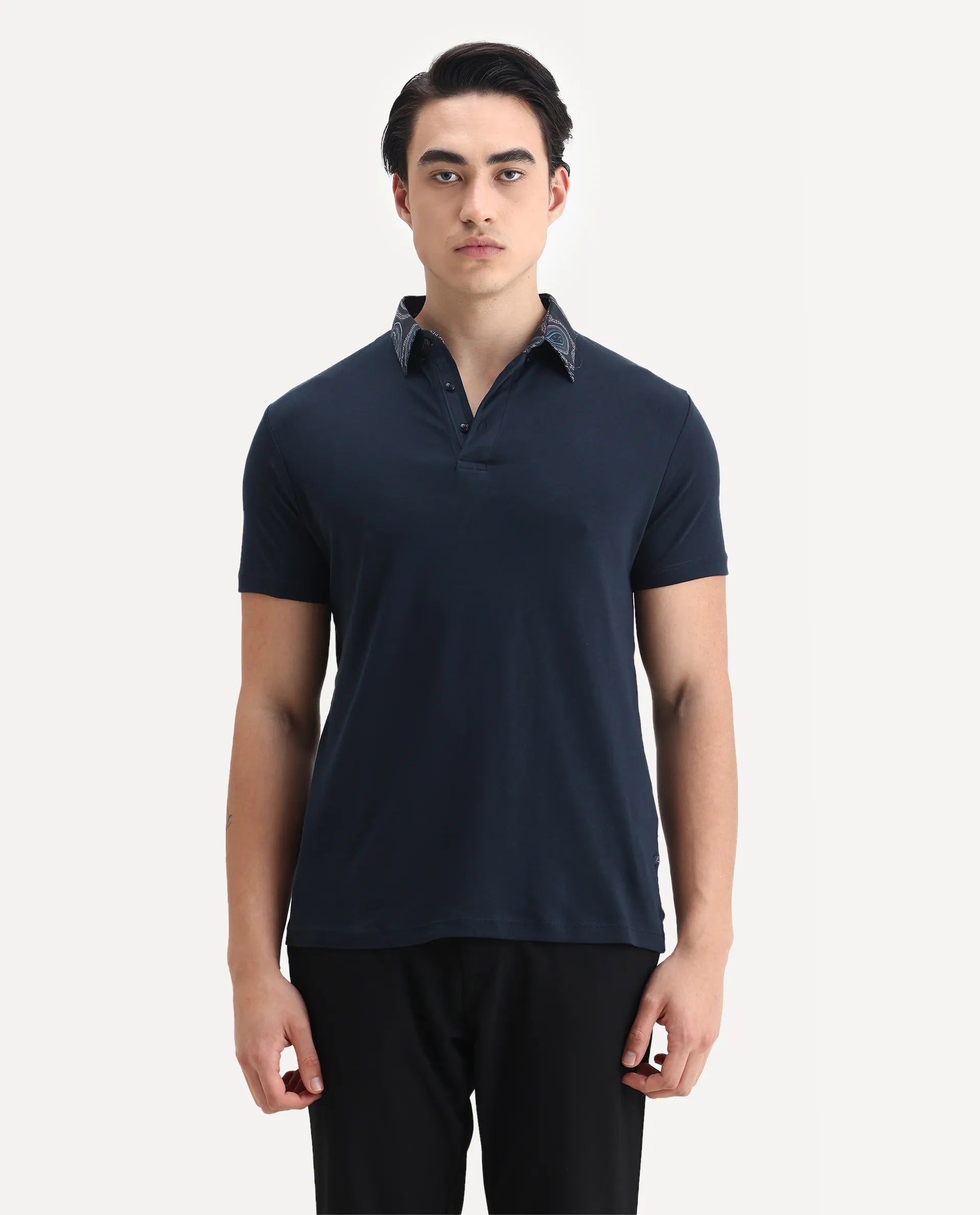 Rare Rabbit Men's Ringer-1 Navy Cotton Printed Regular Fit Half Sleeve Polo