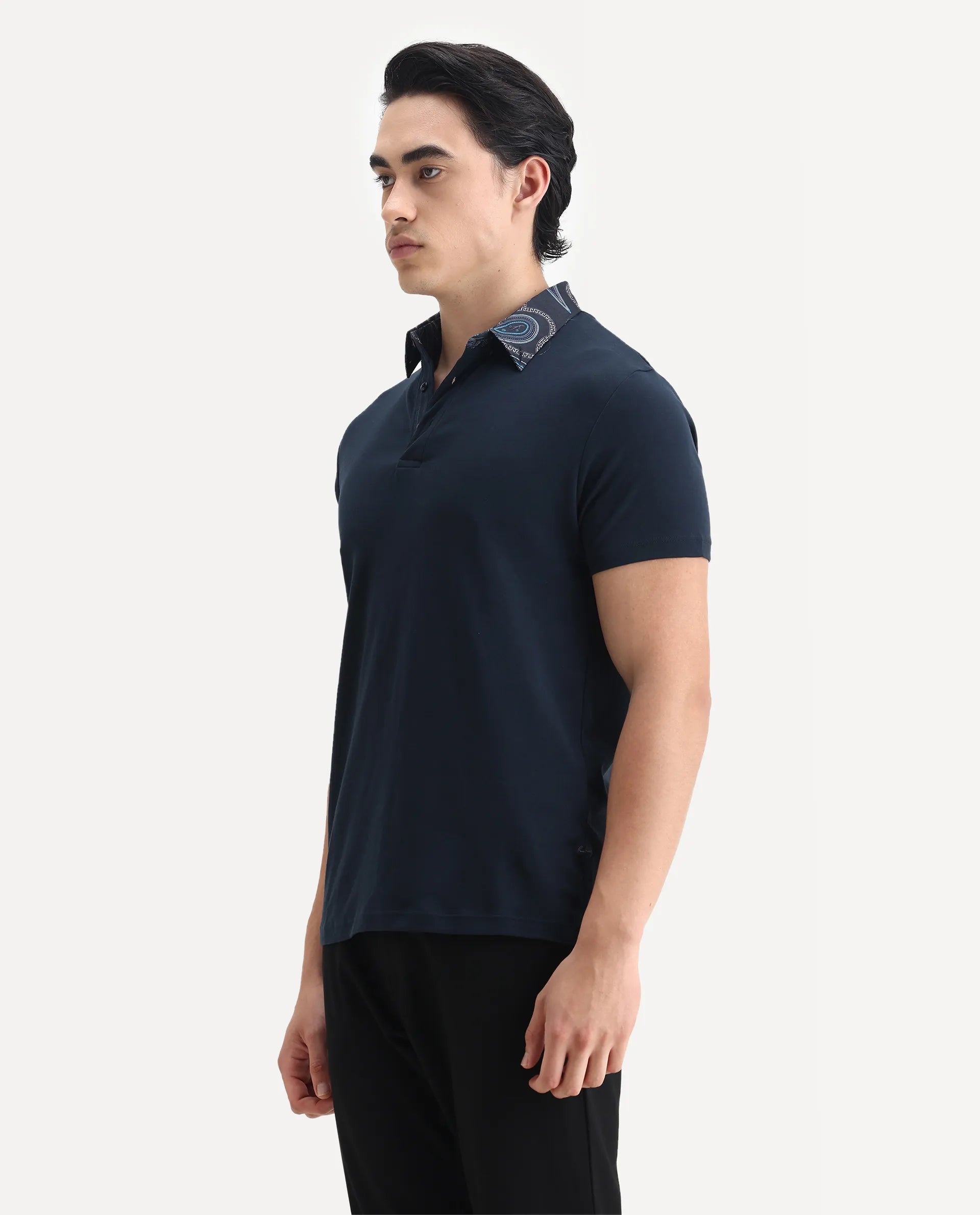 Rare Rabbit Men's Ringer-1 Navy Cotton Printed Regular Fit Half Sleeve Polo