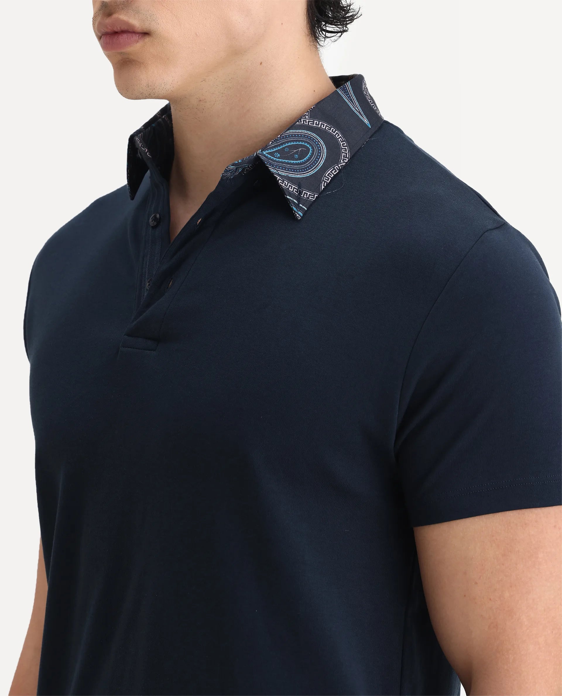 Rare Rabbit Men's Ringer-1 Navy Cotton Printed Regular Fit Half Sleeve Polo